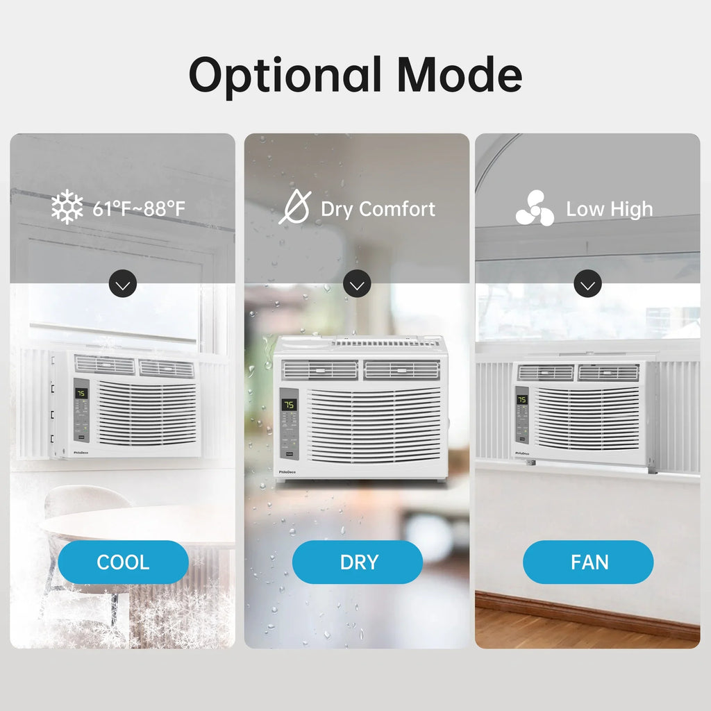 Window Air Conditioner 6000 BTU  Cool to 250 sq ft Intelligent, LED,Remote Control, Easy to Clean Filter Screen, Can Be Used as a Dehumidifier/Fan, Operates Quietly, and is Energy-Saving