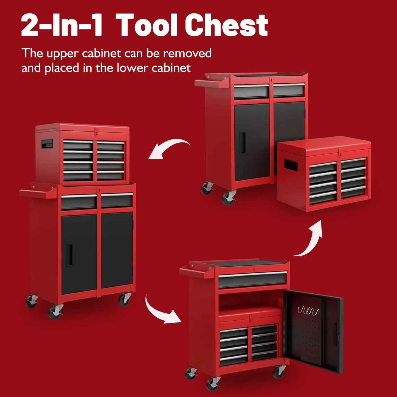 Heavy-Duty Metal Tool Storage Cabinet 5-Drawer Rolling with Detachable Top Box, Lockable Wheels & Adjustable Shelves, Secure Locking Mechanism, Space-Saving Design for Garage Workshop & Home Use