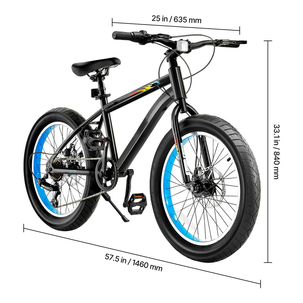KFFKFF 20-Inch Mountain Bike, 7-Speed Twist Shifting, Comfortable Saddle, Dual Disc Brakes, Durable Steel Frame, Fat Tire Bicycle for Trail and Snow