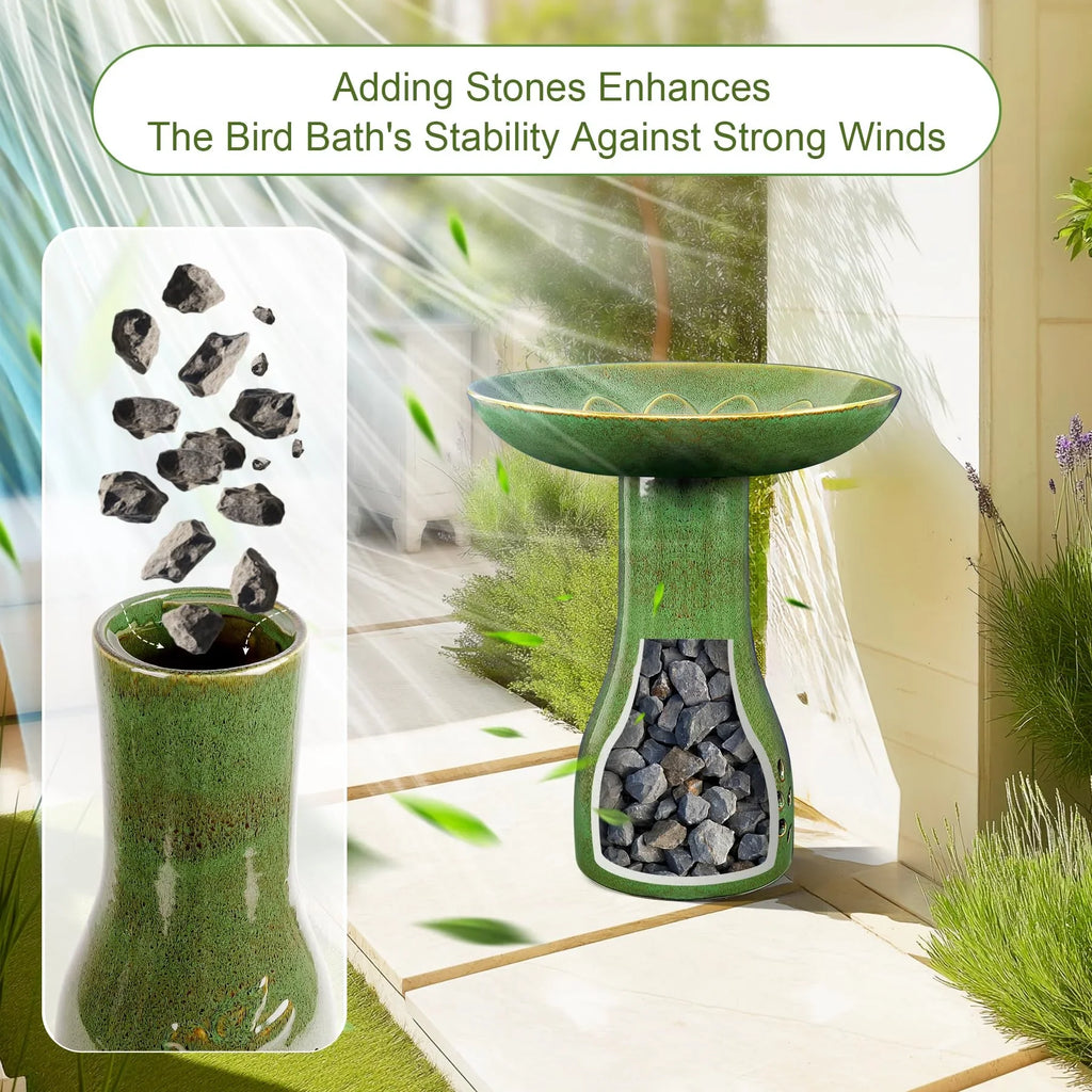 BUYMAX Tall Ceramic Bird Bath for Garden, UV-Resistant, Diamond Blue Grey