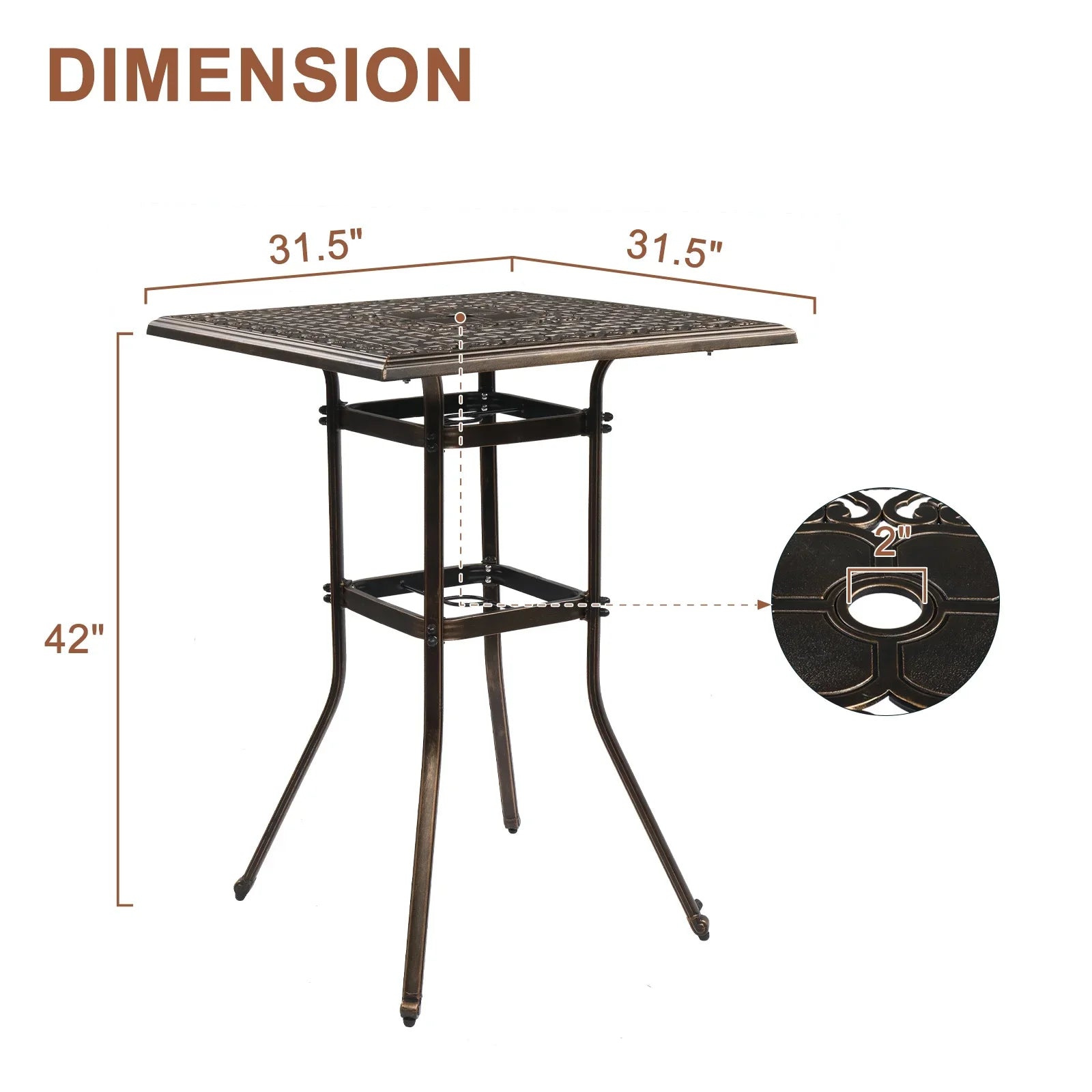 Ktaxon 31.5 Patio Bar Height Table, All-Weather Cast Aluminium Square Bar Bistro Table with 2 Umbrella Hole, Outdoor Tall Table for Porch Balcony Backyard Garden, Antique Bronze