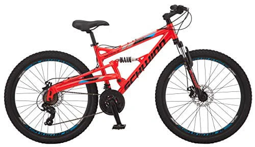 Schwinn Protocol 1.0 Men's and Women's Mountain Bike, 26 In. Wheels, 24-Speed Drivetrain, Lightweight Aluminum Frame, Full Suspension, Red/Blue
