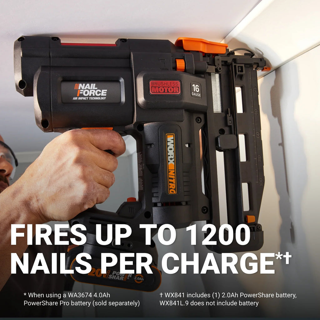 Worx Nitro WX841L 20V 16GA Brushless Finish Nail Gun (Battery & Charger Included)