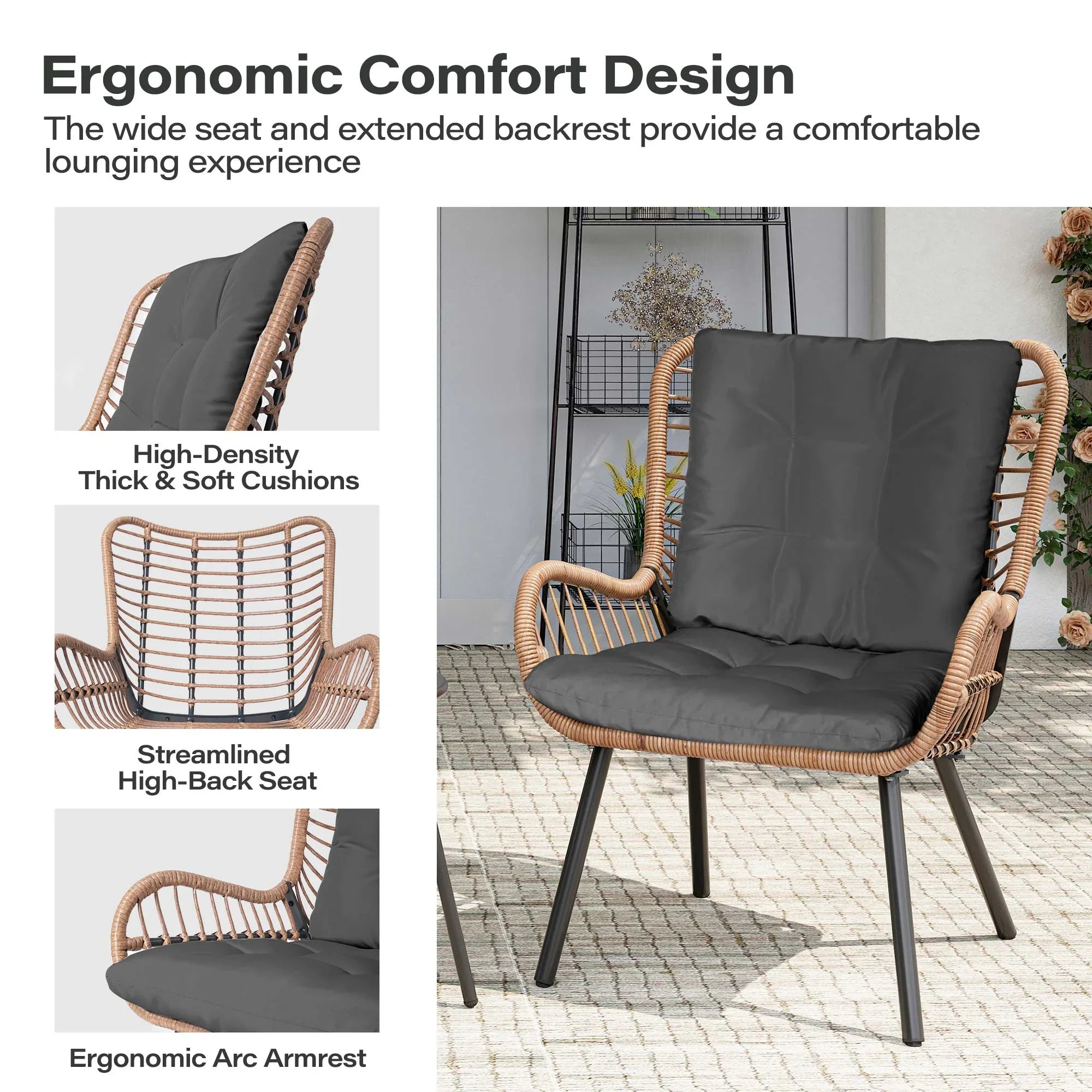 LAUSAINT HOME 3-Piece Patio Furniture Set, High Back Outdoor Bistro with Coffee Table & Beige Cushions for Garden or Deck