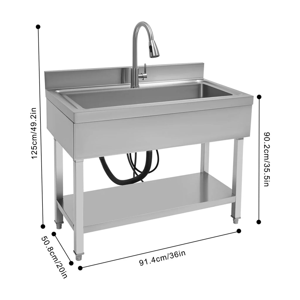 Loyalheartdy Stainless Steel Commercial Sink Freestanding Single High Capacity Utility Sinks with Pull-Out Faucet & Storage Shelf for Kitchen Laundry Room Garage Outdoor Garden 36 x 20 x 49