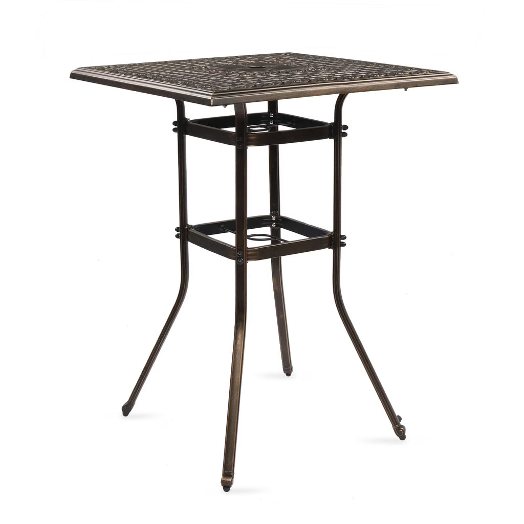 Ktaxon 31.5 Patio Bar Height Table, All-Weather Cast Aluminium Square Bar Bistro Table with 2 Umbrella Hole, Outdoor Tall Table for Porch Balcony Backyard Garden, Antique Bronze