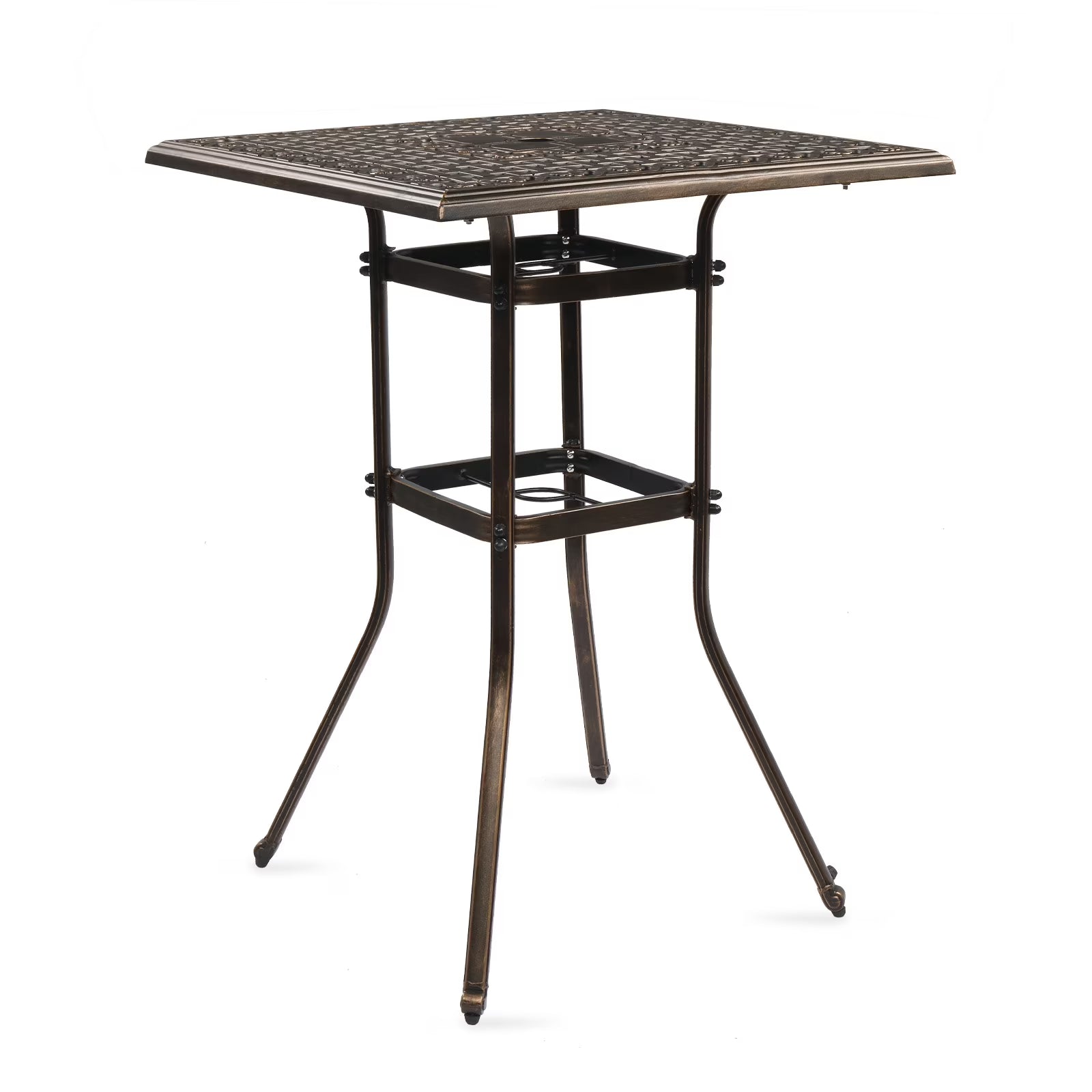 Ktaxon 31.5 Patio Bar Height Table, All-Weather Cast Aluminium Square Bar Bistro Table with 2 Umbrella Hole, Outdoor Tall Table for Porch Balcony Backyard Garden, Antique Bronze