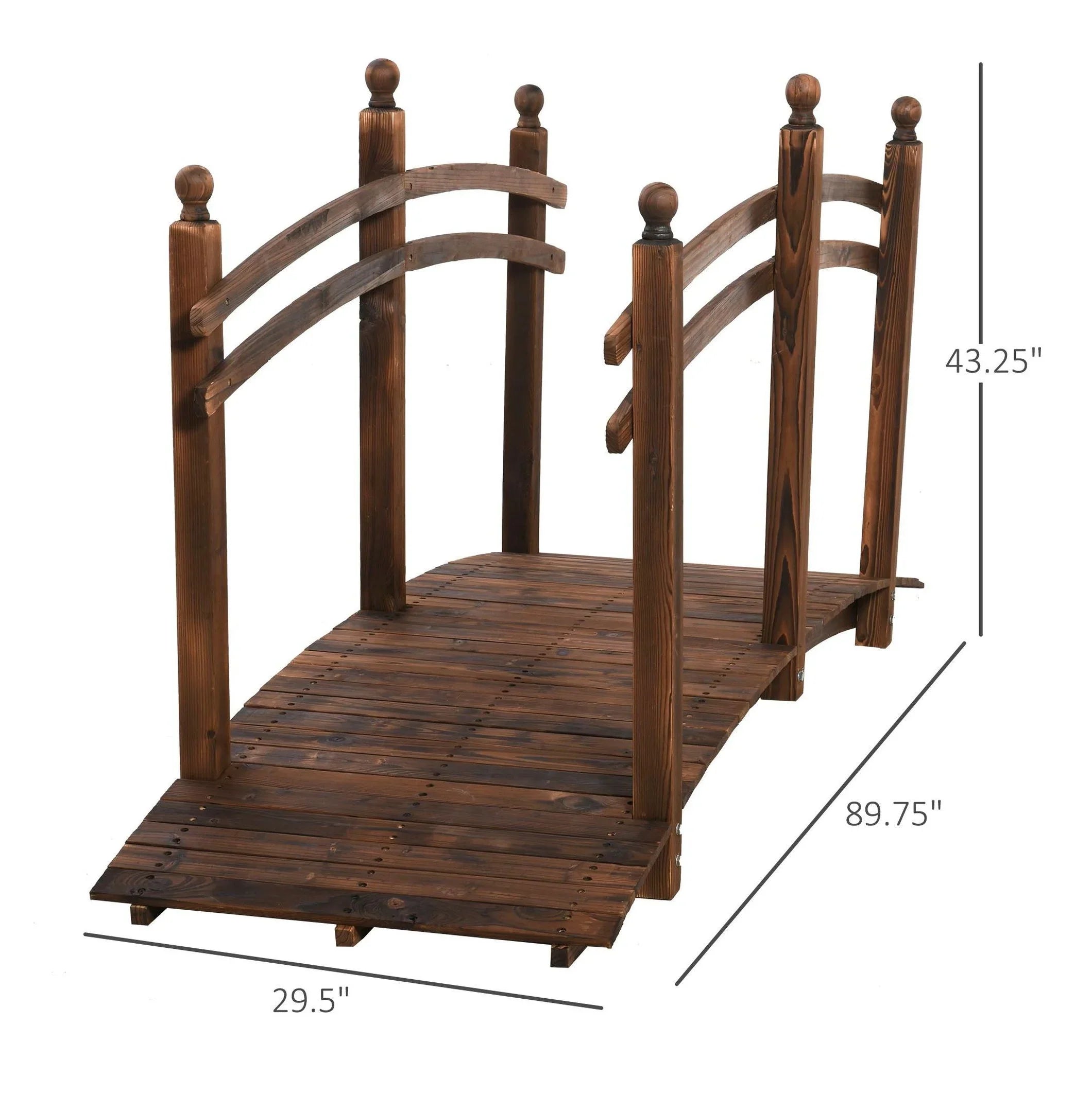 Fir Wood Garden Bridge 7.5ft - Arched Outdoor Footbridge with Railings
