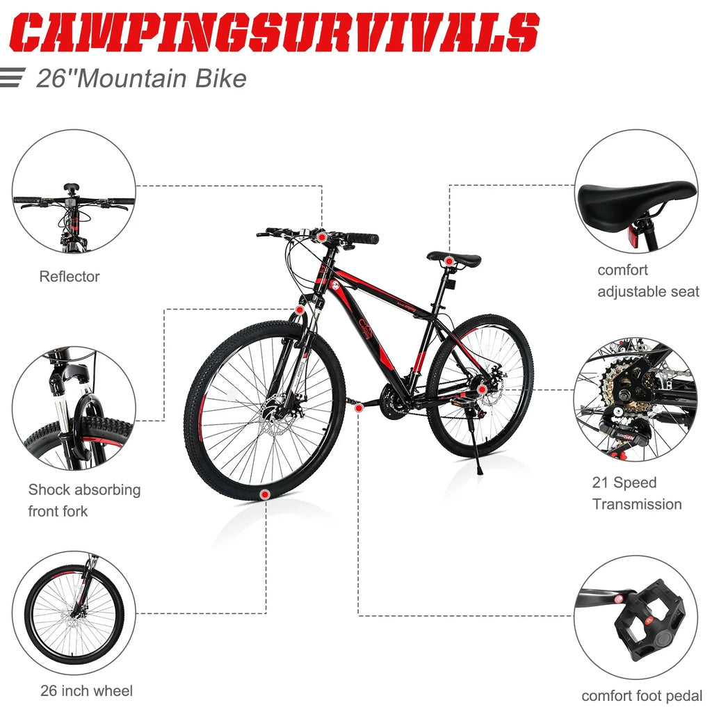 26-Inch Mountain Bike for Adults, 21-Speed Trail Bicycle with Dual Disc Brakes, Front Suspension, High-Carbon Steel Frame �C Red & Black | HUJHKIO Explorer Series