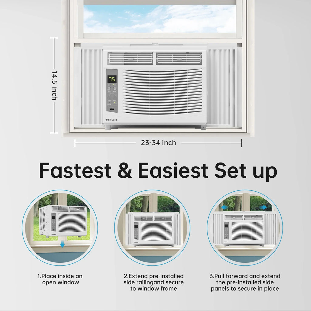 Window Air Conditioner 6000 BTU  Cool to 250 sq ft Intelligent, LED,Remote Control, Easy to Clean Filter Screen, Can Be Used as a Dehumidifier/Fan, Operates Quietly, and is Energy-Saving