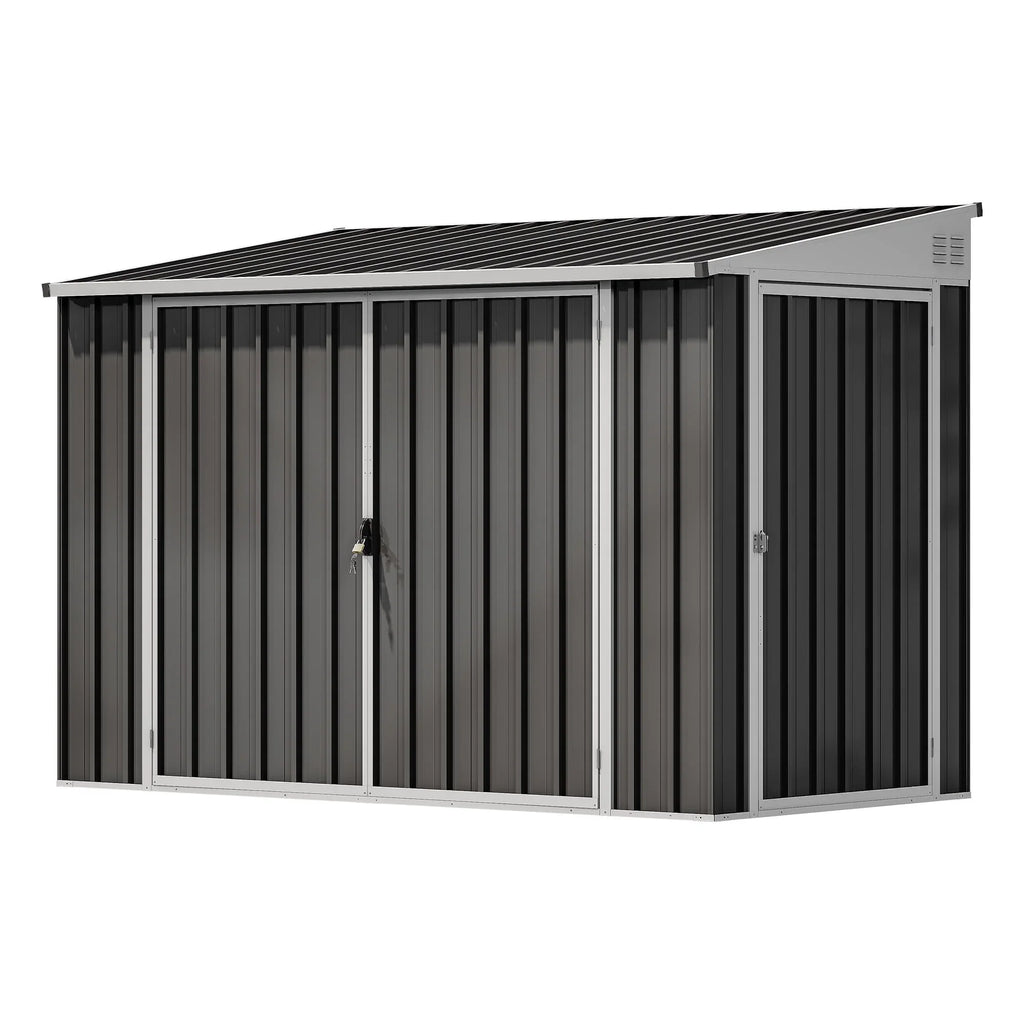 ModFusion 9x4 ft Outdoor Metal Storage Shed with Lockable Double Doors, Acrylic Glass Windows, Steel Roof, Garden Patio Bikes, Skylight, Dark Gray