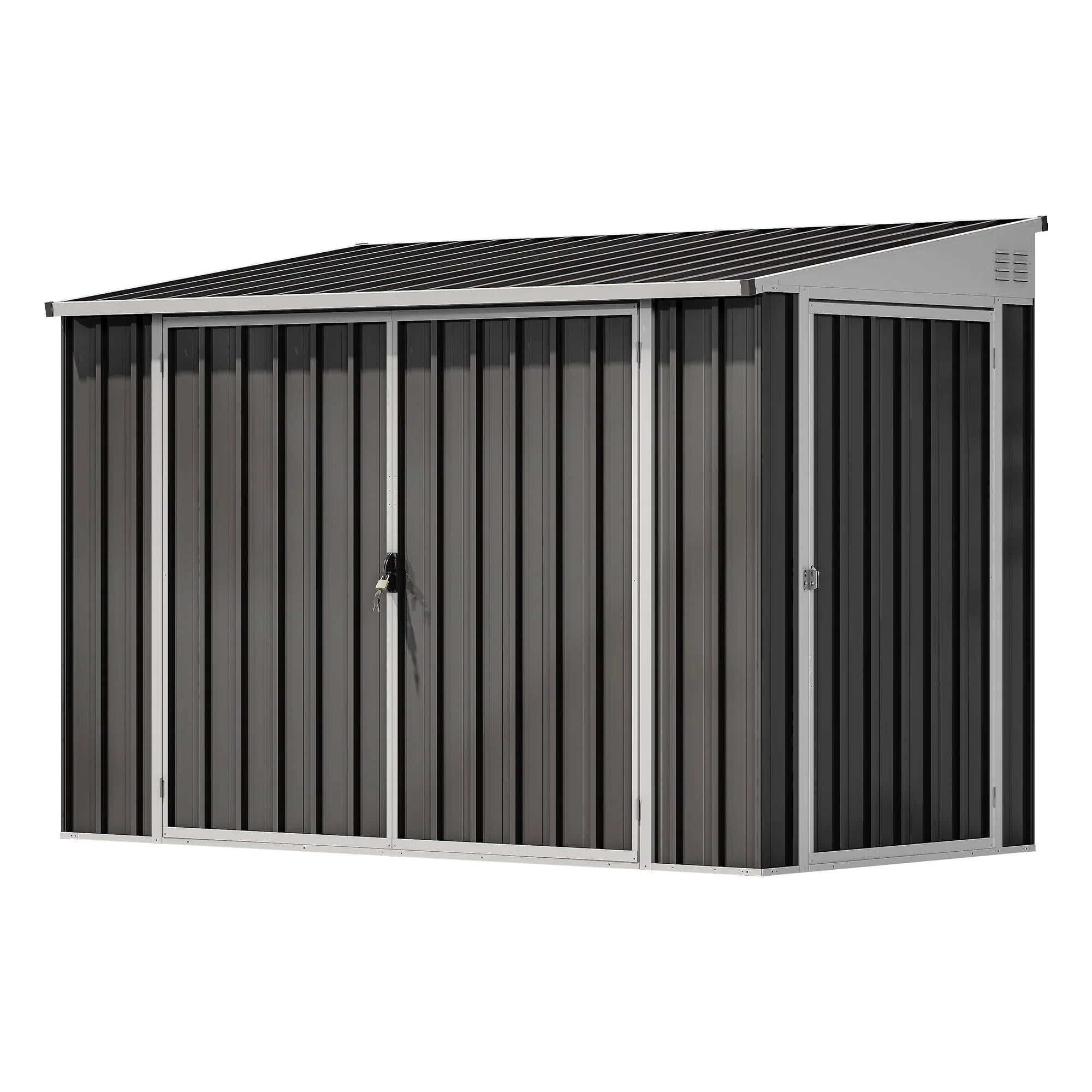 ModFusion 9x4 ft Outdoor Metal Storage Shed with Lockable Double Doors, Acrylic Glass Windows, Steel Roof, Garden Patio Bikes, Skylight, Dark Gray