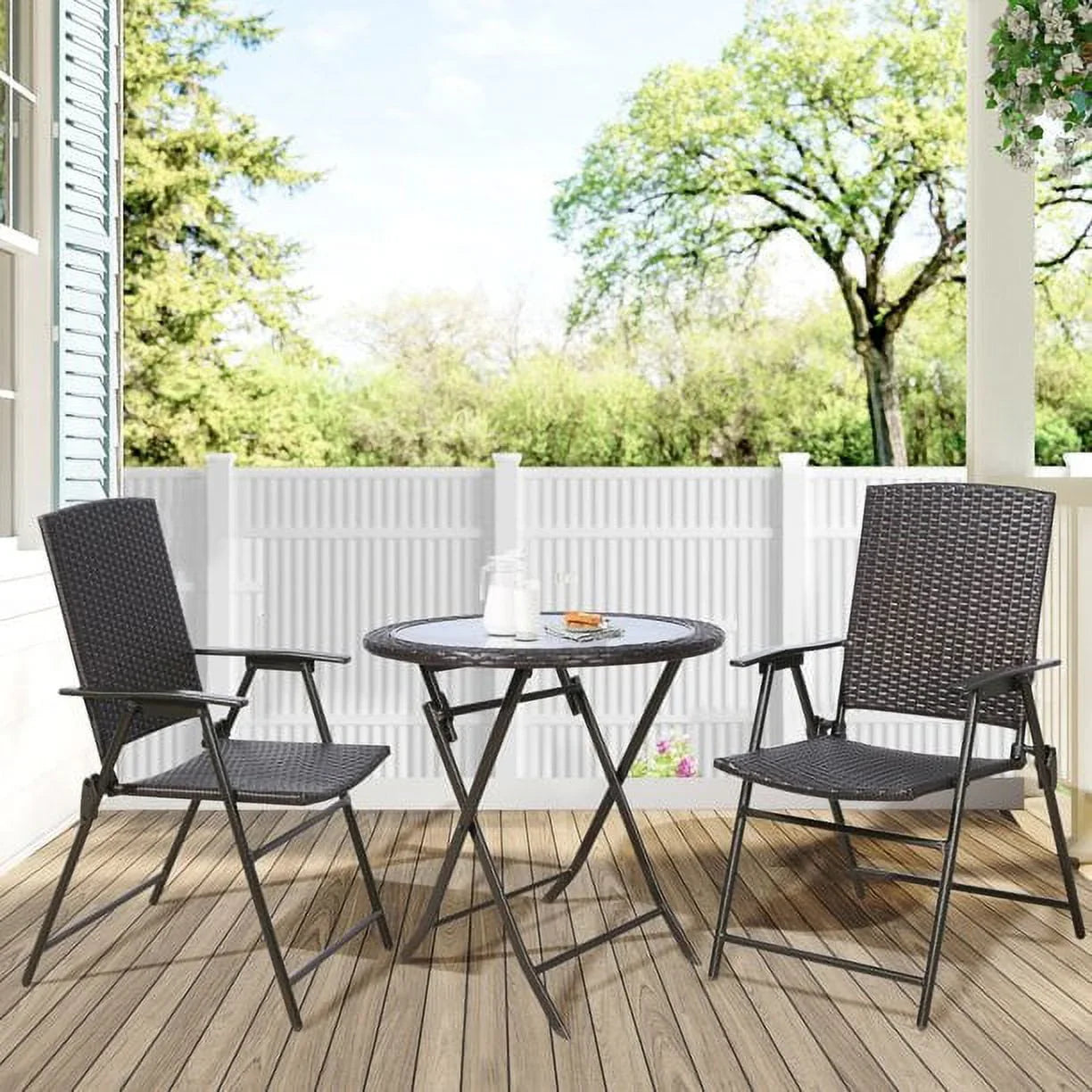 Ulax Furniture 3 Pieces Wicker Folding Bistro Set, Balcony Table and Chairs Sets, Garden Backyard Furniture