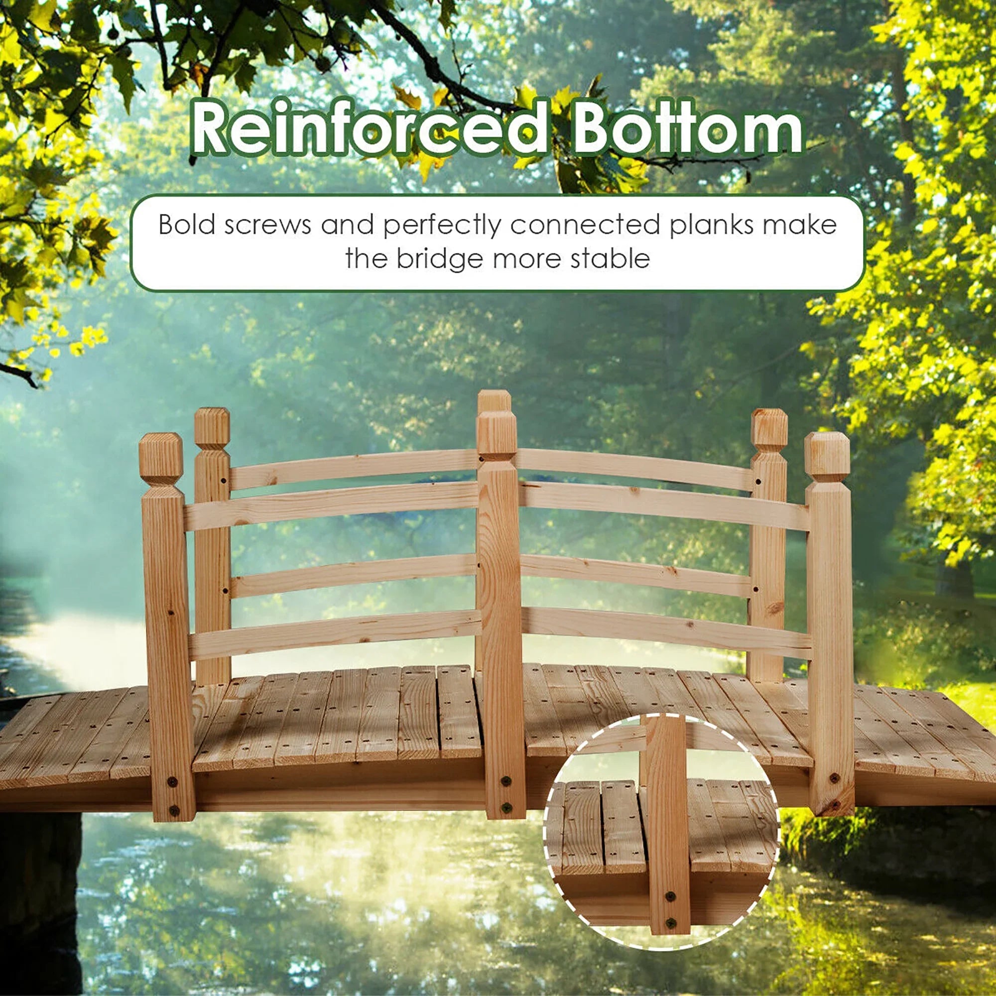Costway 5' Wooden Garden Bridge Arc Stained Finish Footbridge Backyard Pond Decorative