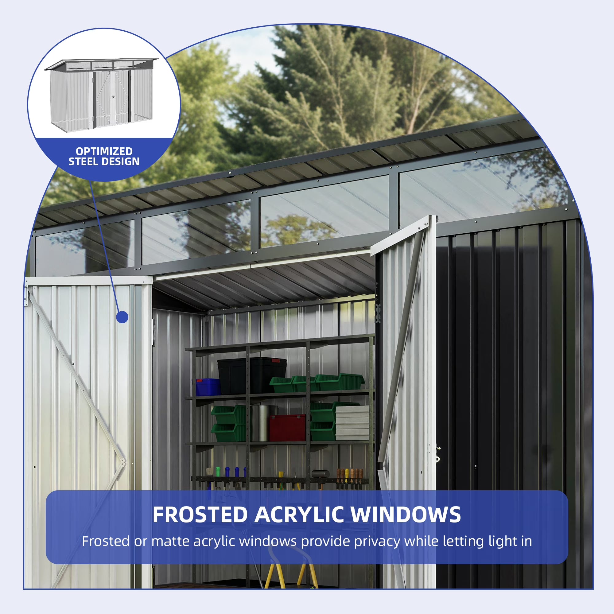 ModFusion 9x4 ft Outdoor Metal Storage Shed with Lockable Double Doors, Acrylic Glass Windows, Steel Roof, Garden Patio Bikes, Skylight, Dark Gray