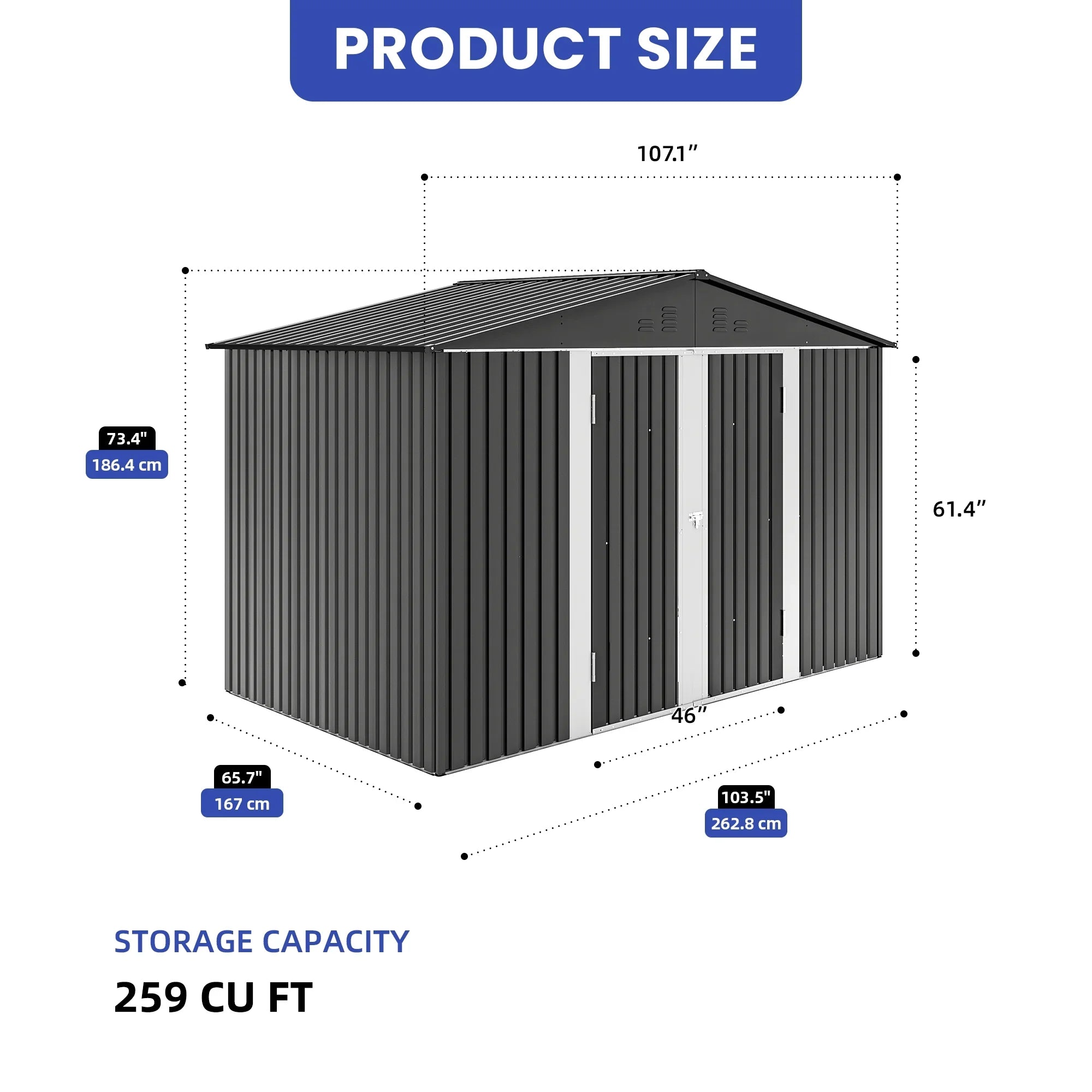 ModFusion 9x4 ft Outdoor Metal Storage Shed with Lockable Double Doors, Acrylic Glass Windows, Steel Roof, Garden Patio Bikes, Skylight, Dark Gray