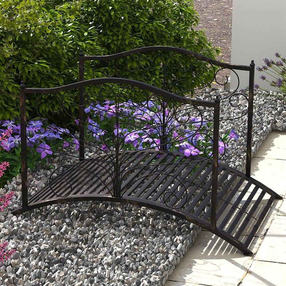 Aimee Lii 4�� Metal Arch Backyard Garden Bridge with Safety Siderails, Delicate Scrollwork, Easy Assembly, Outdoor Garden Bridge, Black Bronze