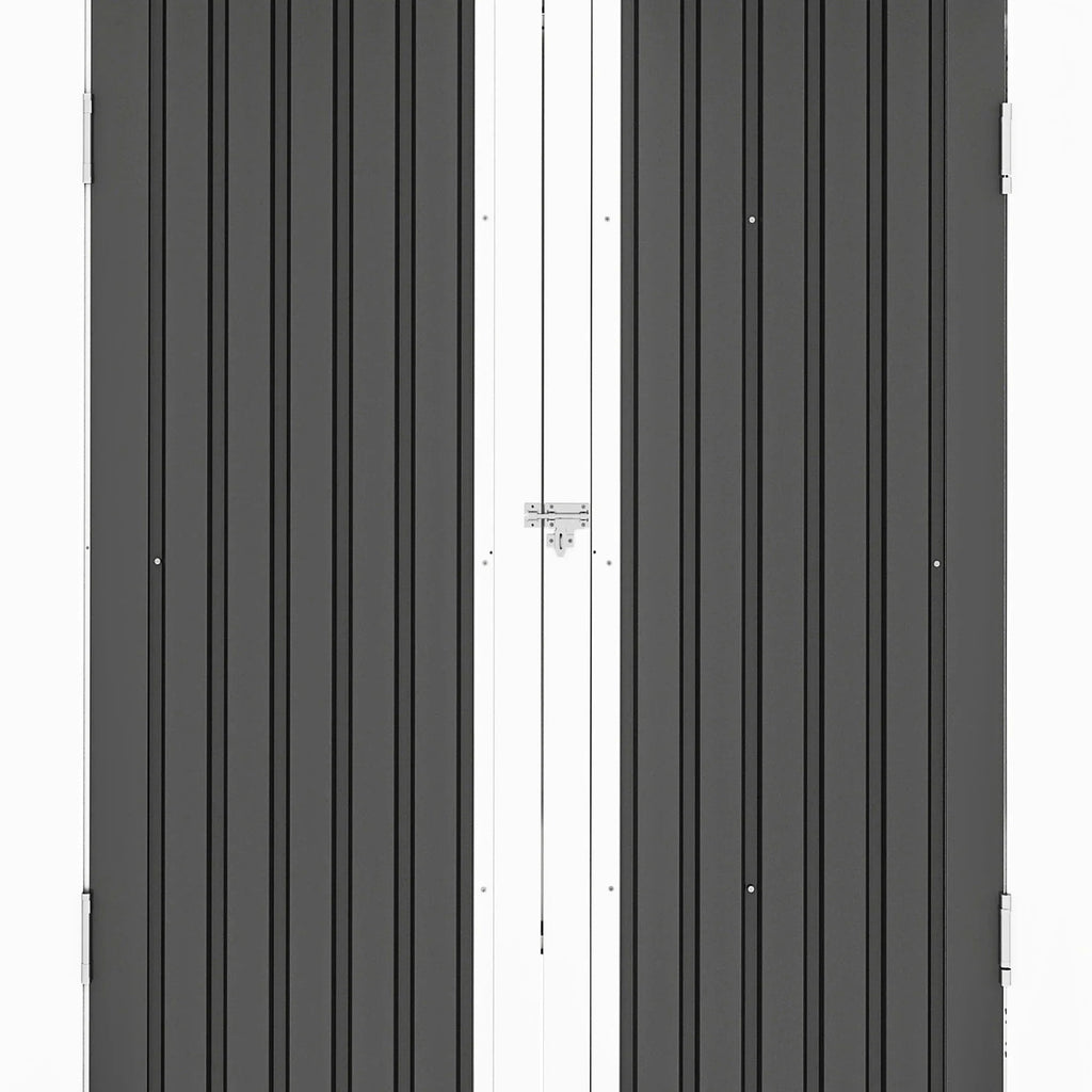 ModFusion 9x4 ft Outdoor Metal Storage Shed with Lockable Double Doors, Acrylic Glass Windows, Steel Roof, Garden Patio Bikes, Skylight, Dark Gray