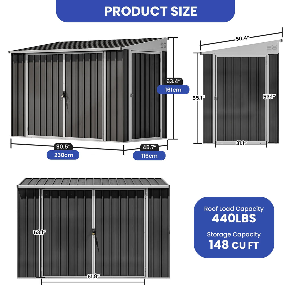 ModFusion 9x4 ft Outdoor Metal Storage Shed with Lockable Double Doors, Acrylic Glass Windows, Steel Roof, Garden Patio Bikes, Skylight, Dark Gray