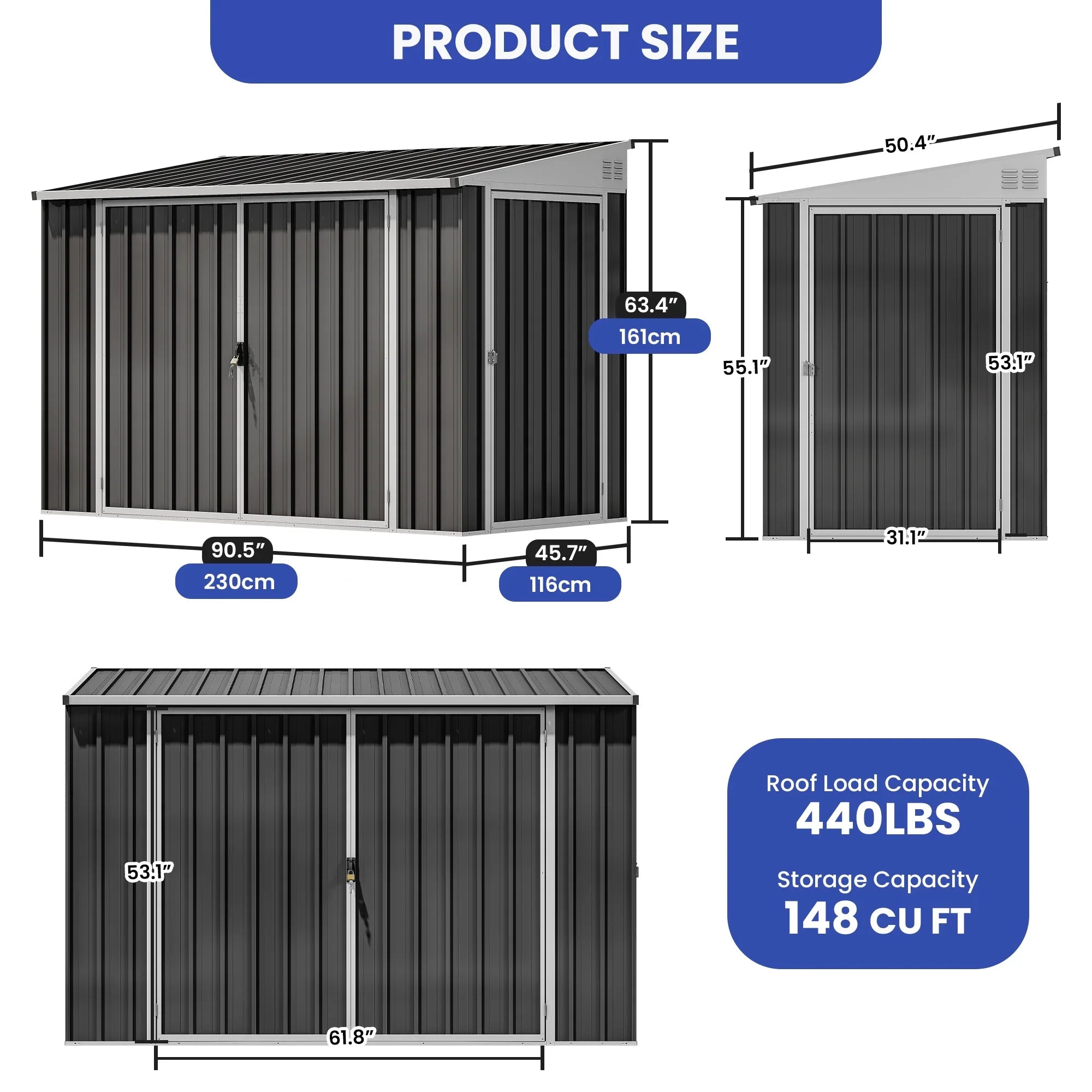 ModFusion 9x4 ft Outdoor Metal Storage Shed with Lockable Double Doors, Acrylic Glass Windows, Steel Roof, Garden Patio Bikes, Skylight, Dark Gray