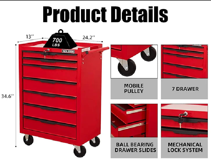 Tool Cabinet Tool Cart 24.2inch with 7 Drawers and Wheels, Metal Rolling Tool Box Locked Drawers Storage Organizer Cabinet for Garage, Warehouse, Repair Shop, Workshop, Brand