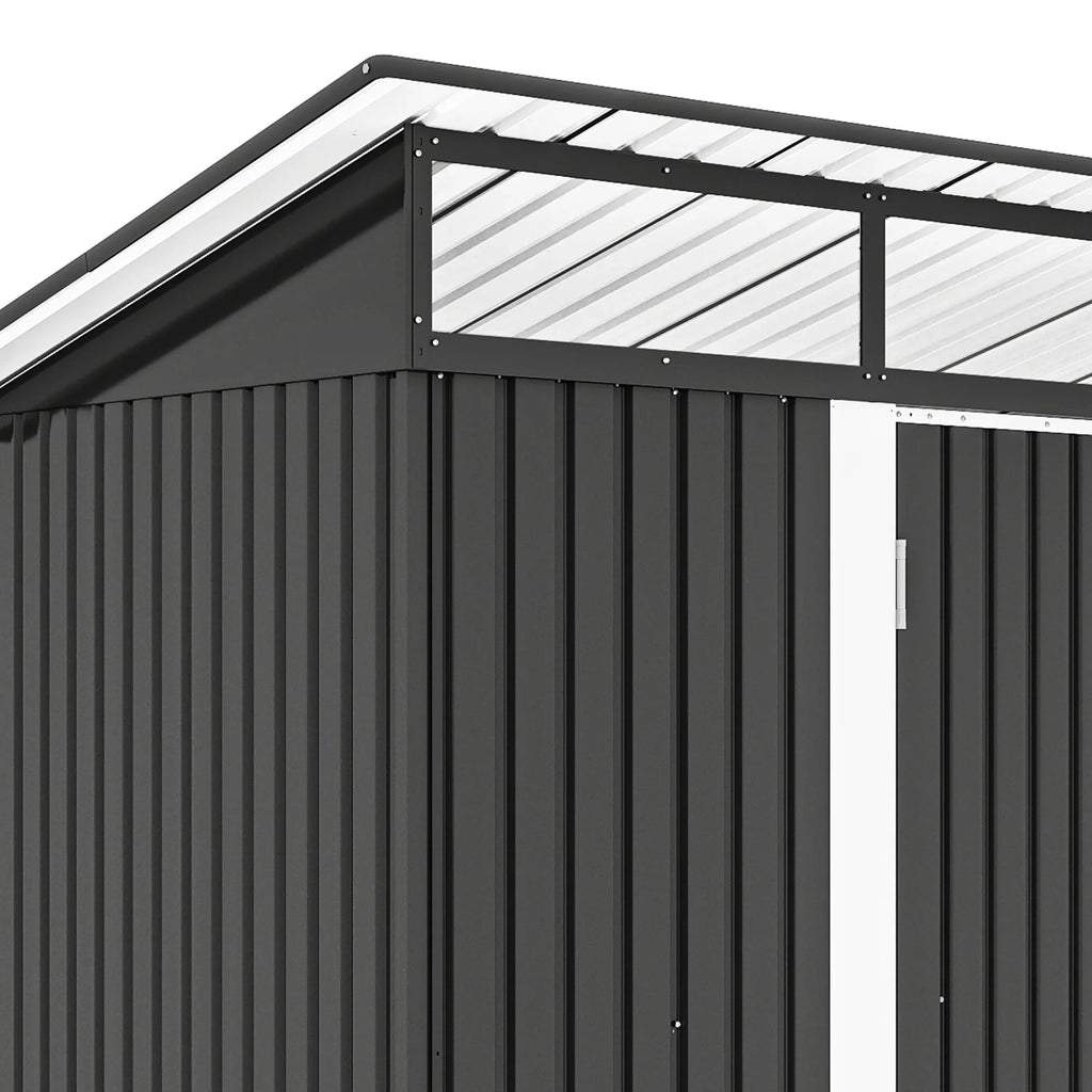 ModFusion 9x4 ft Outdoor Metal Storage Shed with Lockable Double Doors, Acrylic Glass Windows, Steel Roof, Garden Patio Bikes, Skylight, Dark Gray