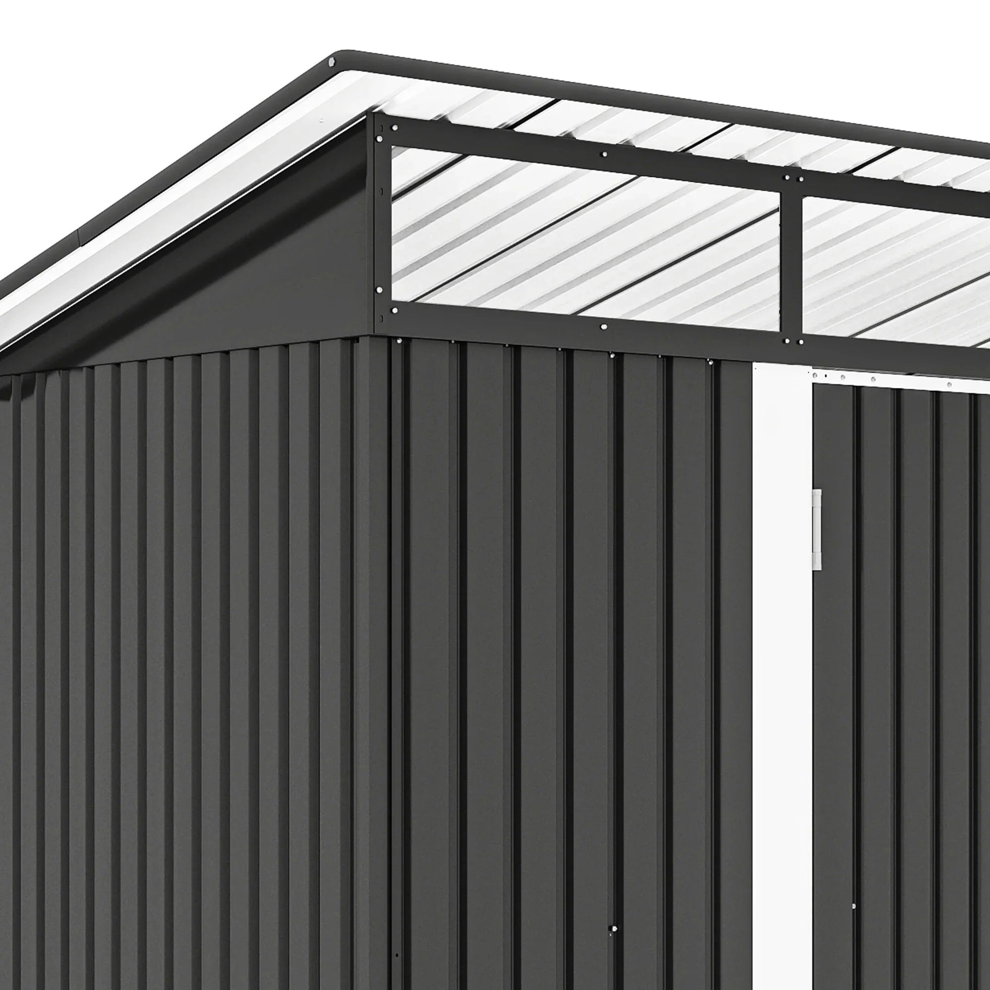 ModFusion 9x4 ft Outdoor Metal Storage Shed with Lockable Double Doors, Acrylic Glass Windows, Steel Roof, Garden Patio Bikes, Skylight, Dark Gray