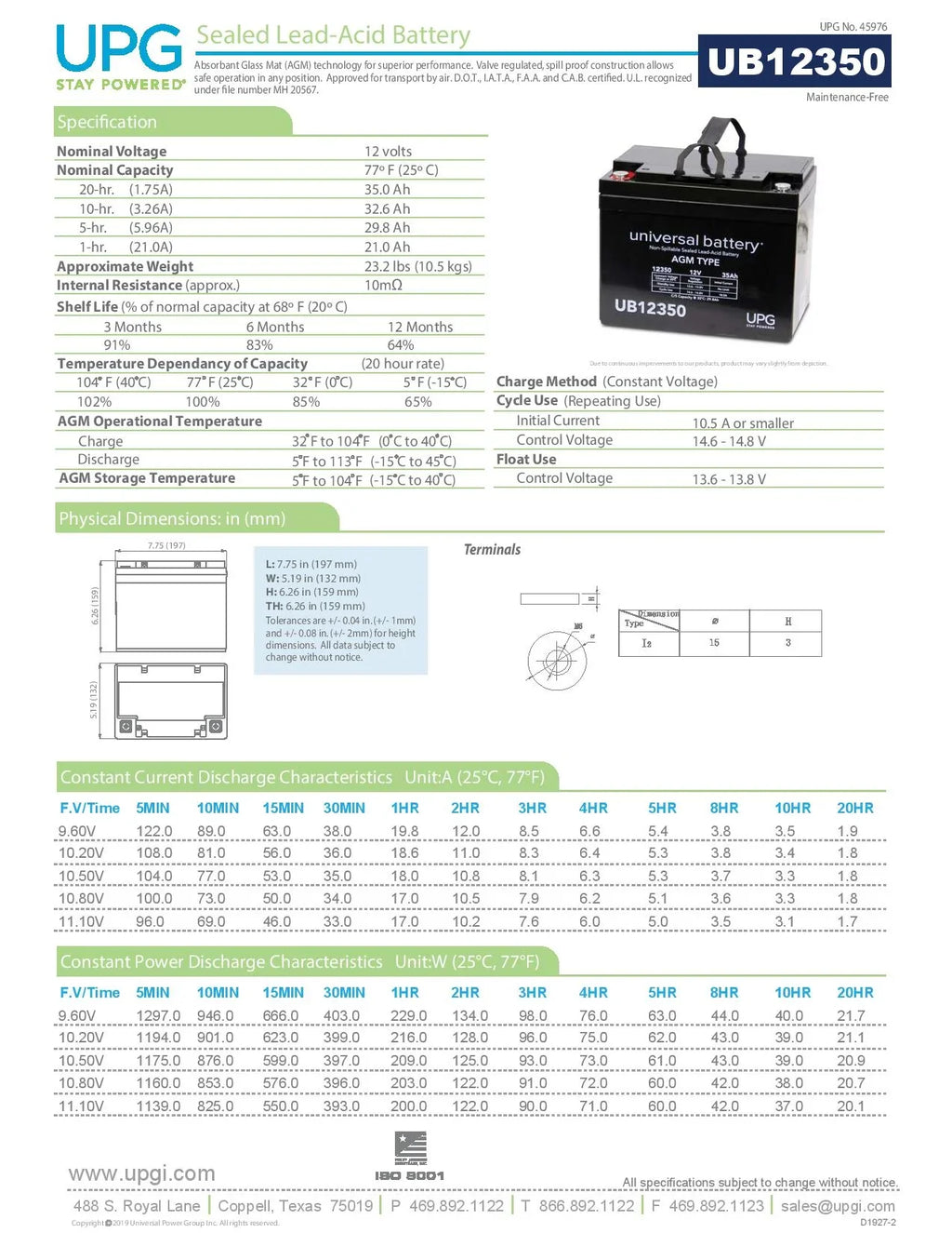 UPG UB12350 12V 35Ah I4 AGM U1 Battery for Mobility Wheelchairs Power Chair Scooters Pride Jazzy Select APC UPS Lawn Mower Garden Tractor Trolling Motor Rhino UTV