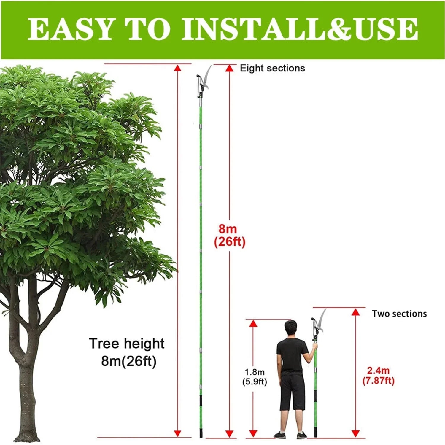 26 Feet Tree Extended Pruner Palm Tree Trimmer Manual Tree Pole Pruners Garden Tools for Tree Trimming Sawing and Shearing