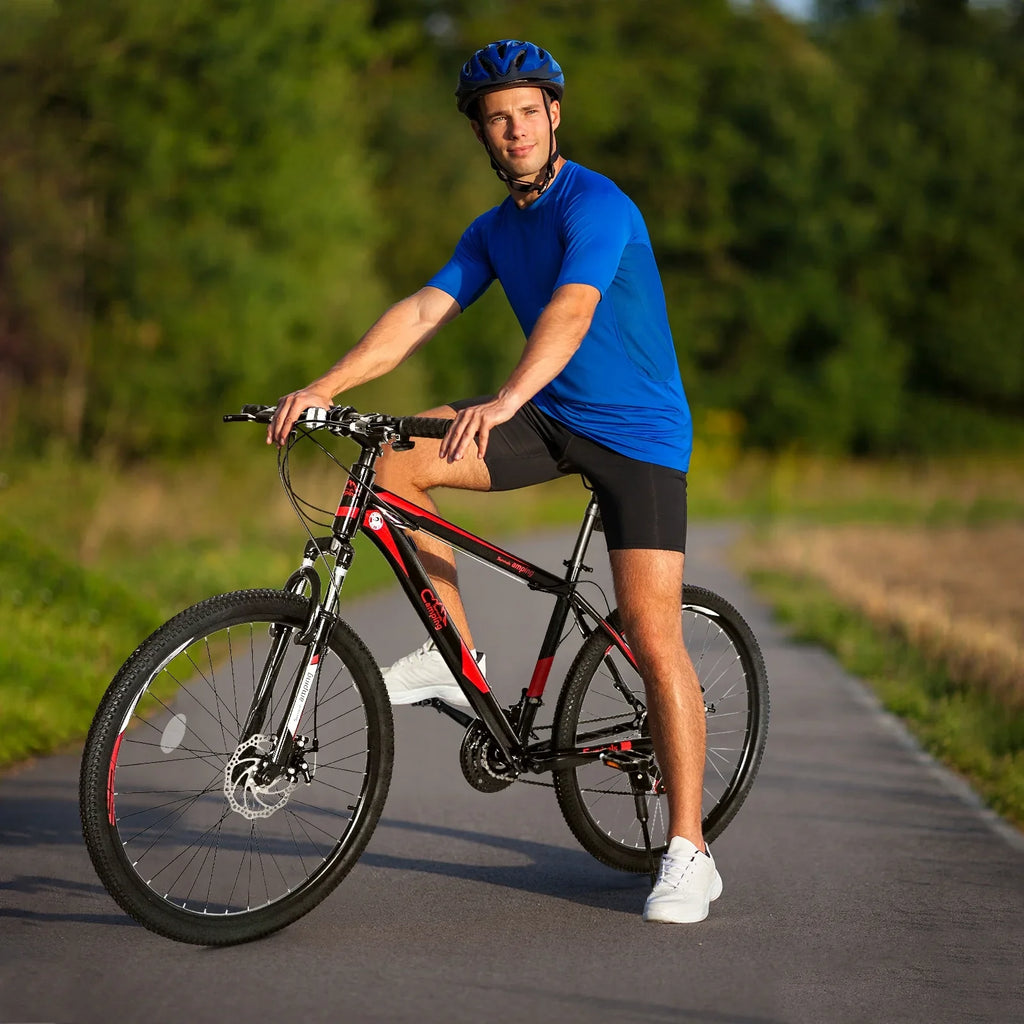 26-Inch Mountain Bike for Adults, 21-Speed Trail Bicycle with Dual Disc Brakes, Front Suspension, High-Carbon Steel Frame �C Red & Black | HUJHKIO Explorer Series