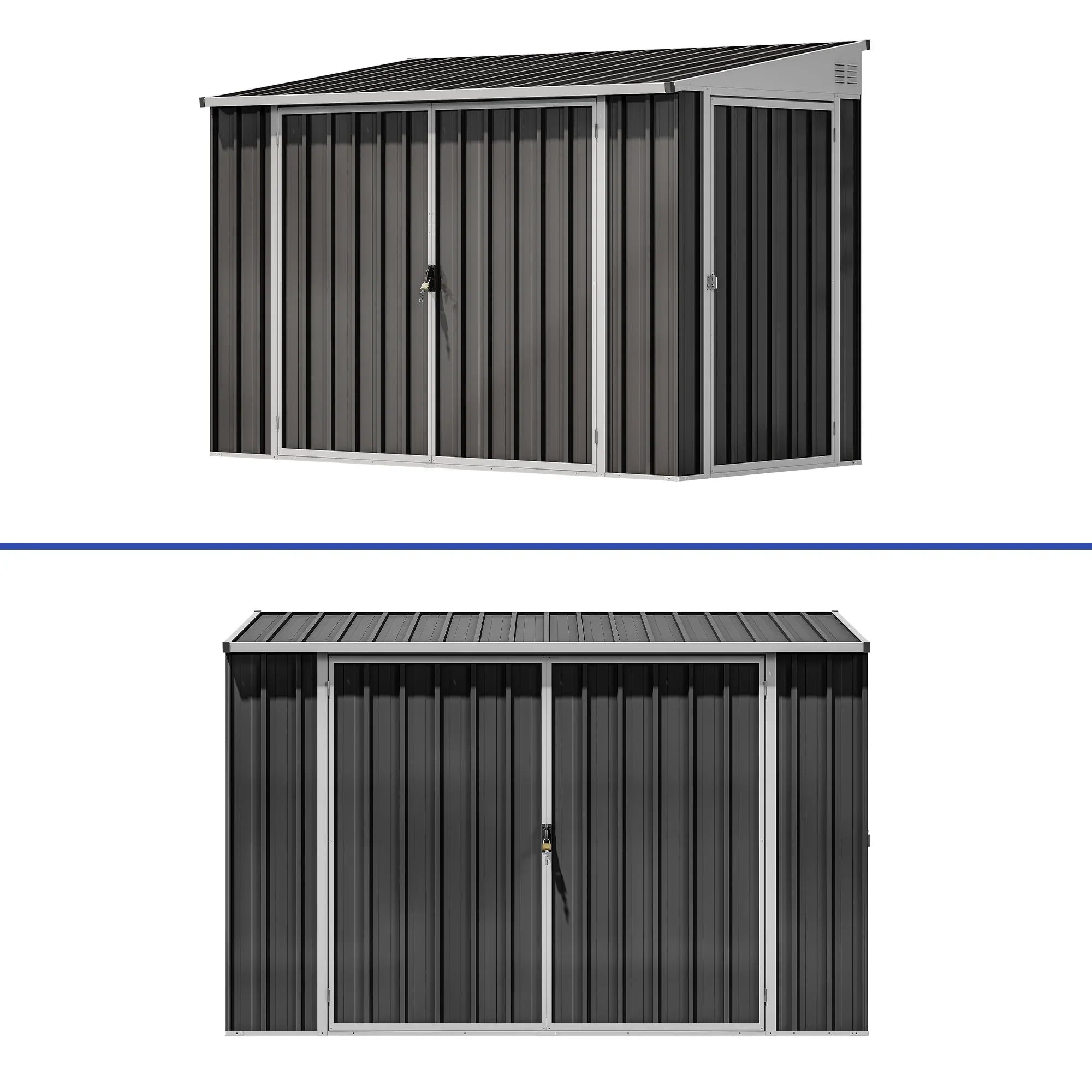 ModFusion 9x4 ft Outdoor Metal Storage Shed with Lockable Double Doors, Acrylic Glass Windows, Steel Roof, Garden Patio Bikes, Skylight, Dark Gray
