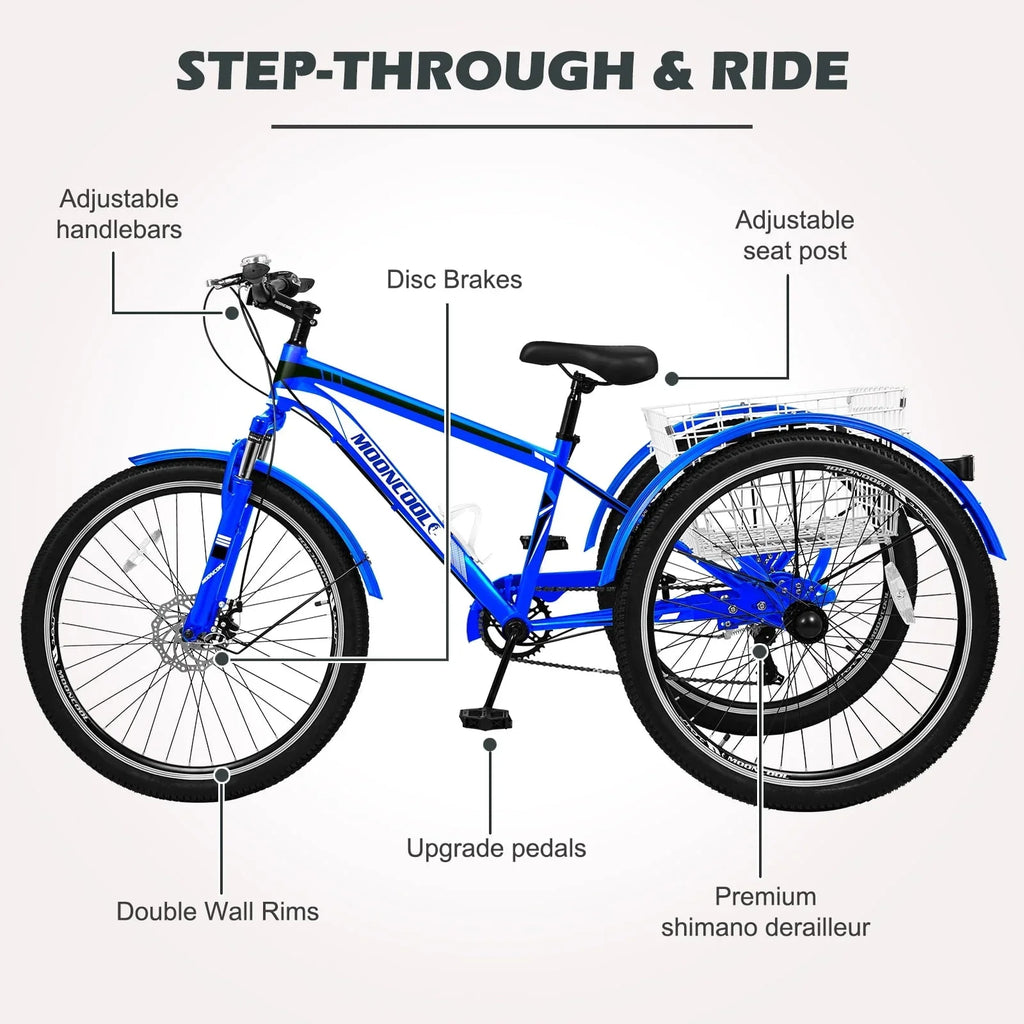 MOPHOTO 7 Speed 27.5 Adult Mountain Tricycle, Exercise Men's Women's Bicycle, 3 Wheel Cruiser Bike