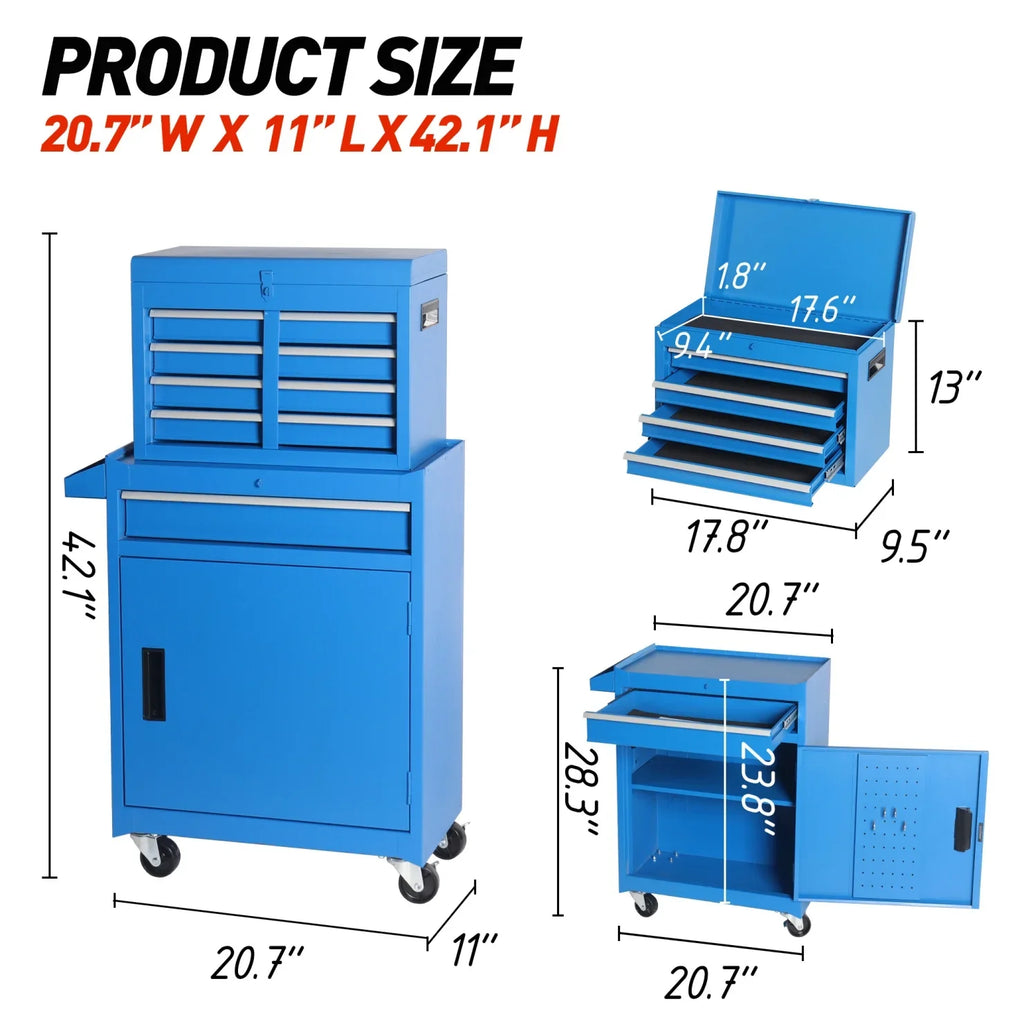 Heavy-Duty Metal Tool Storage Cabinet 5-Drawer Rolling with Detachable Top Box, Lockable Wheels & Adjustable Shelves, Secure Locking Mechanism, Space-Saving Design for Garage Workshop & Home Use