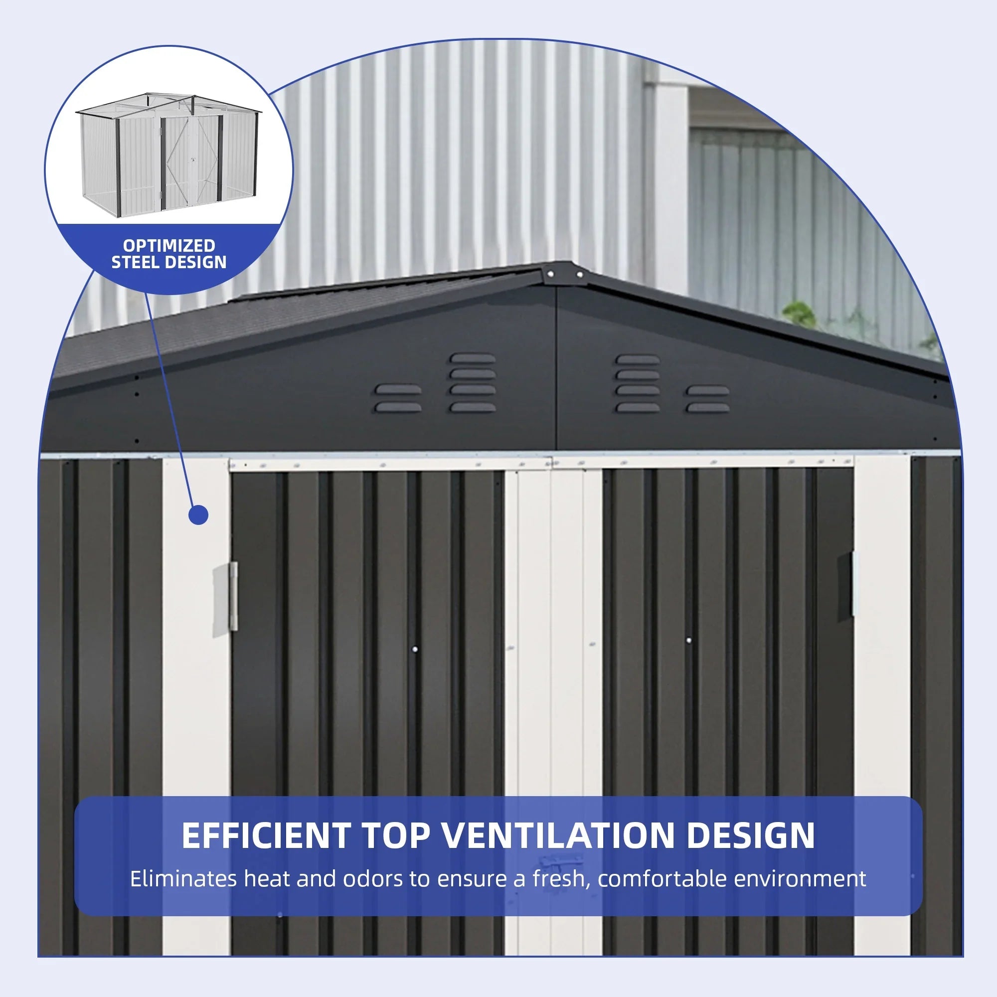 ModFusion 9x4 ft Outdoor Metal Storage Shed with Lockable Double Doors, Acrylic Glass Windows, Steel Roof, Garden Patio Bikes, Skylight, Dark Gray