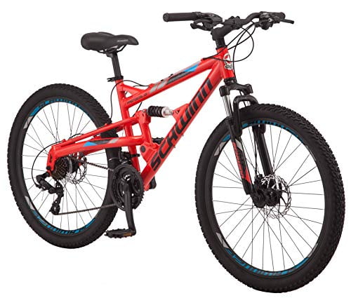 Schwinn Protocol 1.0 Men's and Women's Mountain Bike, 26 In. Wheels, 24-Speed Drivetrain, Lightweight Aluminum Frame, Full Suspension, Red/Blue