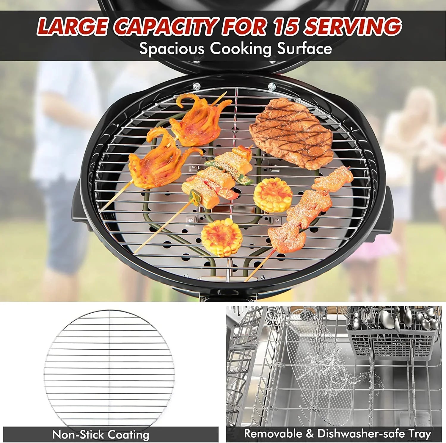 ORALNER Electric BBQ Grill with Stand, Warming Rack & Drip Tray, 15-Serving Electric Griddle Indoor & Outdoor Cooking Grilling Portable Patio Grill, for Balcony, Garden, Apartment, 1600W (Black)