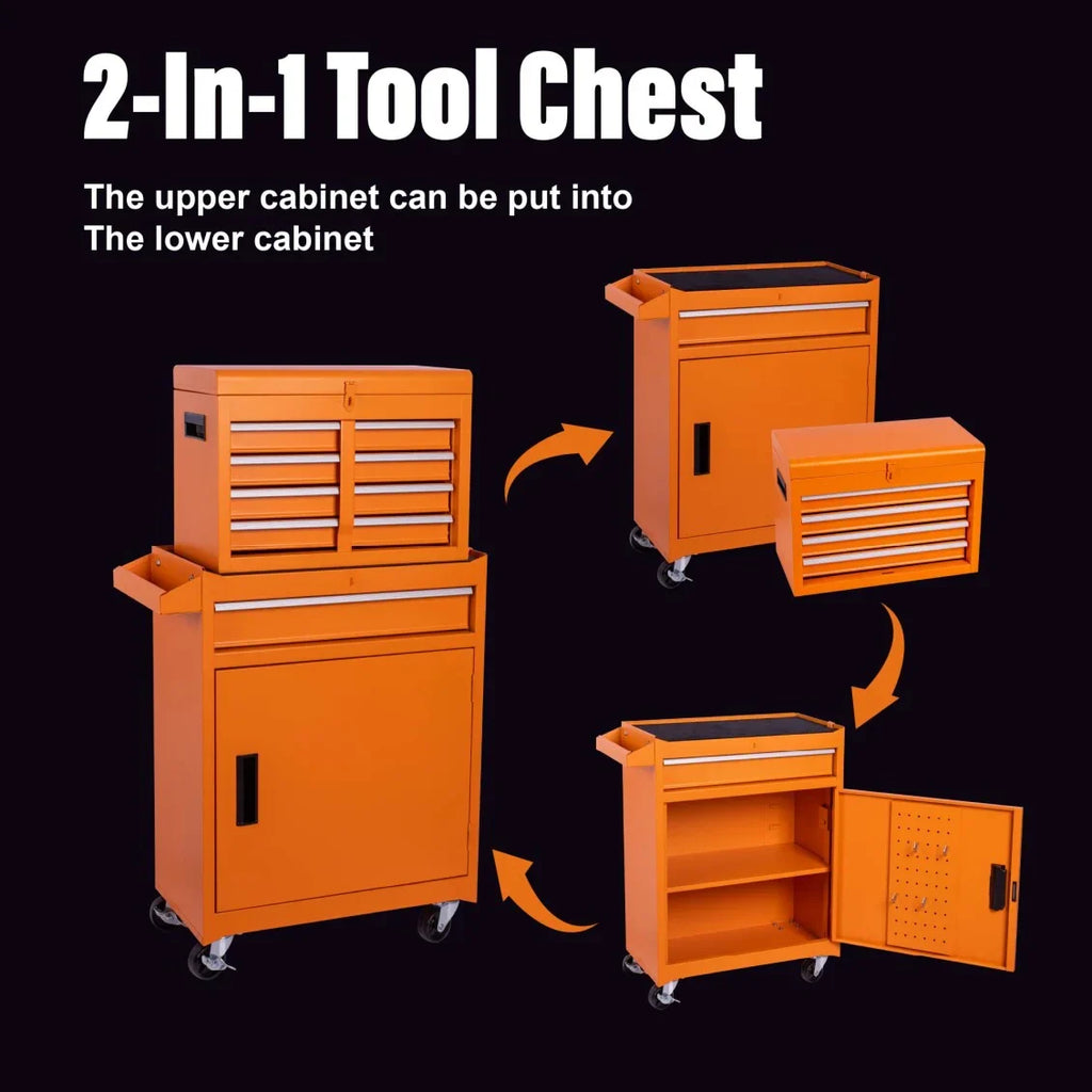 Heavy-Duty Metal Tool Storage Cabinet 5-Drawer Rolling with Detachable Top Box, Lockable Wheels & Adjustable Shelves, Secure Locking Mechanism, Space-Saving Design for Garage Workshop & Home Use