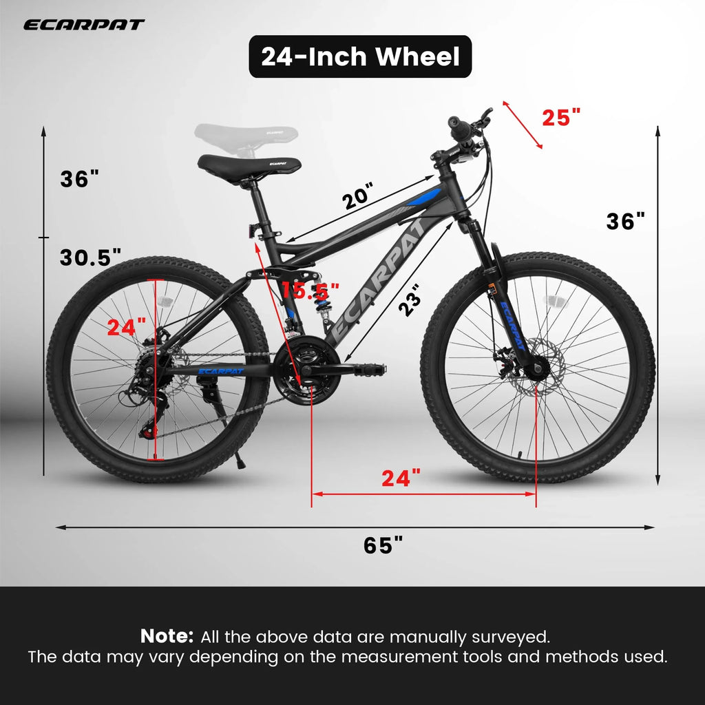 24 inch Dual/Front Suspension Mens Womens Mountain Bike,21 Speeds Dual Disc Brake,High-Carbon Steel Frame,Trail Beach Snow Commuter City Bikes,Black