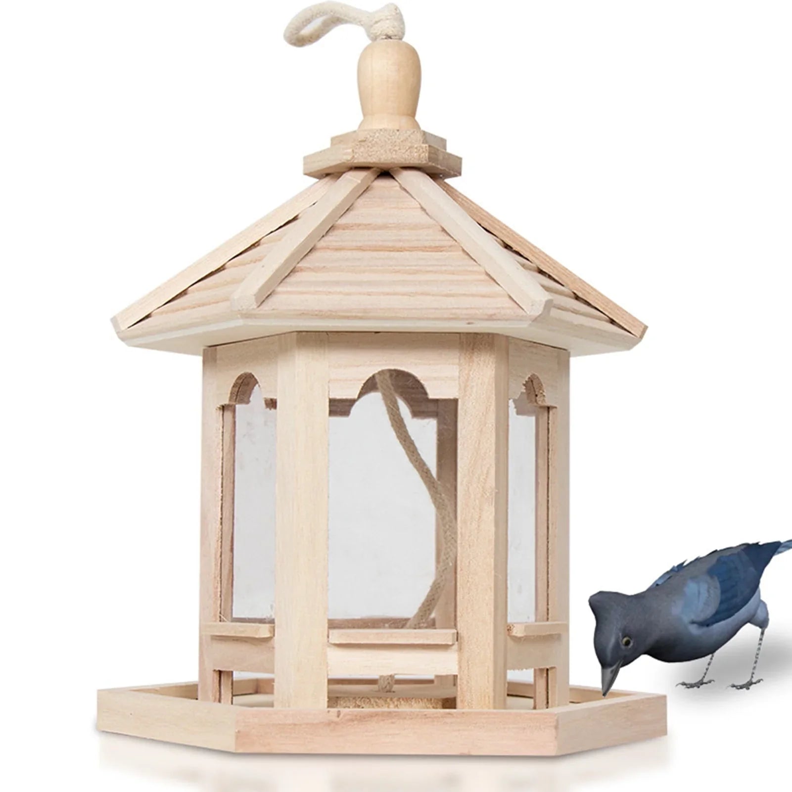 Archer Bird Feeder High Capacity Hexagon Shaped Roof Wood Creative Bird Nest for Garden