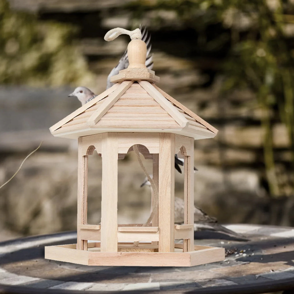 Archer Bird Feeder High Capacity Hexagon Shaped Roof Wood Creative Bird Nest for Garden