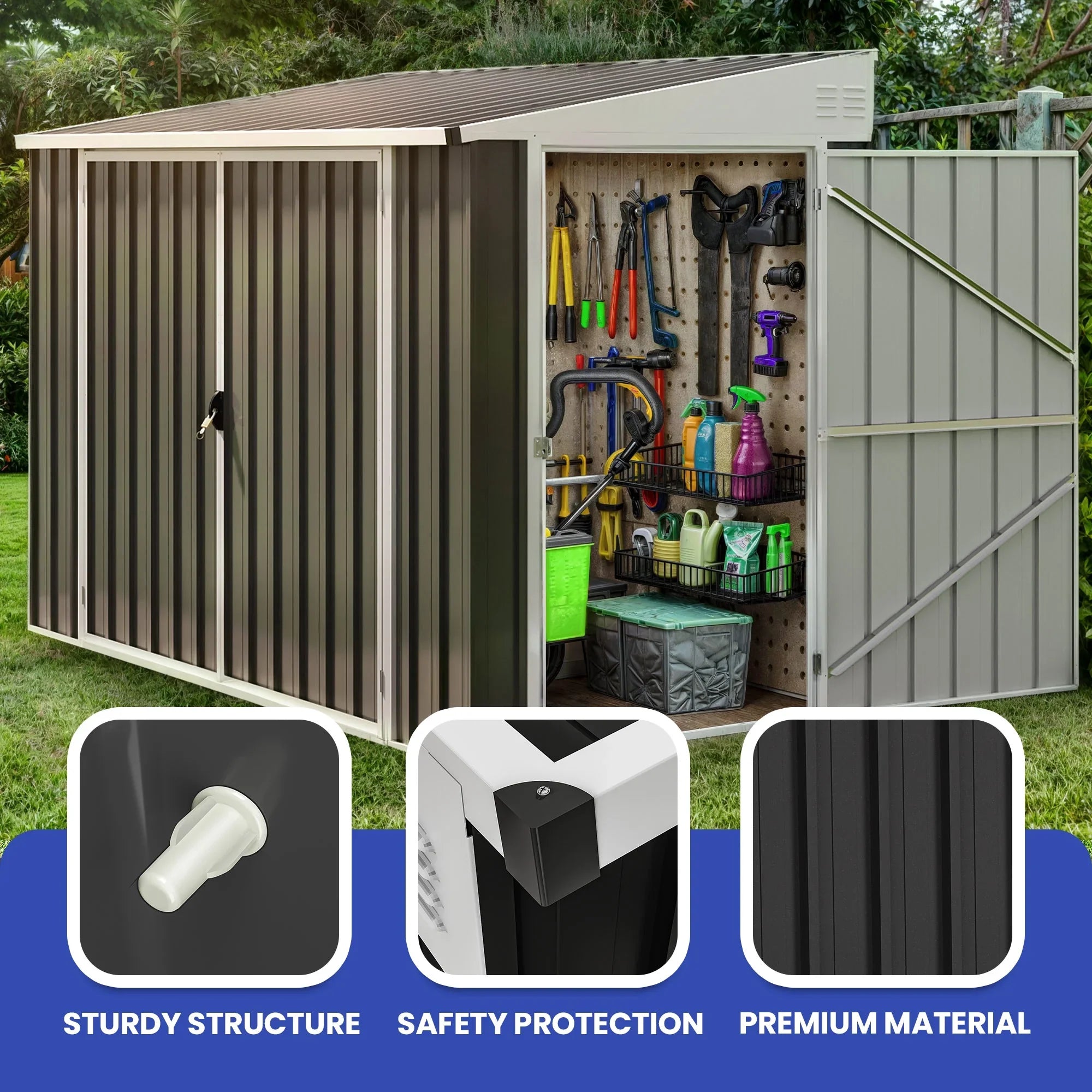 ModFusion 9x4 ft Outdoor Metal Storage Shed with Lockable Double Doors, Acrylic Glass Windows, Steel Roof, Garden Patio Bikes, Skylight, Dark Gray