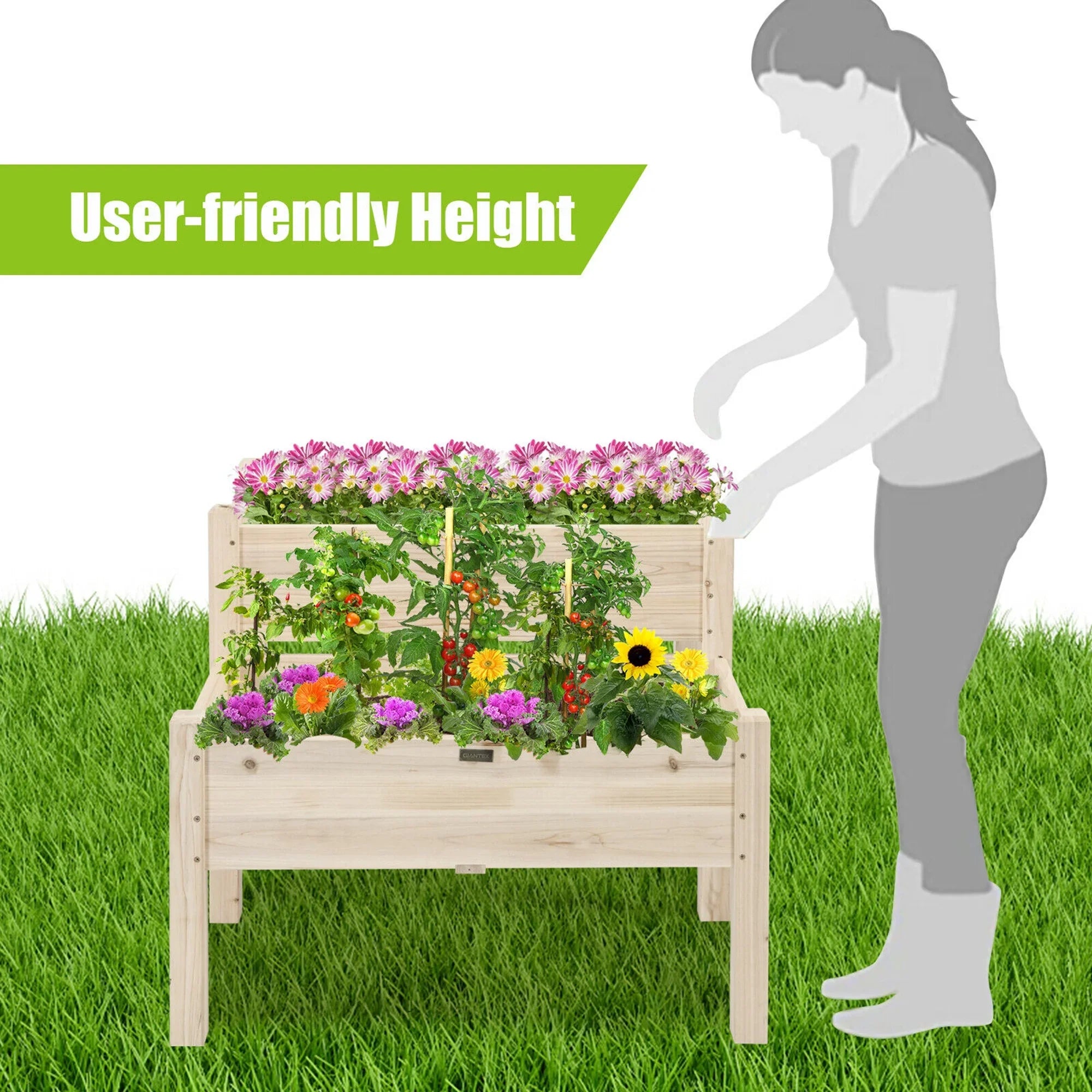 Gymax 2 Tier Wooden Raised Garden Bed Elevated Planter Box w/Legs Drain Holes