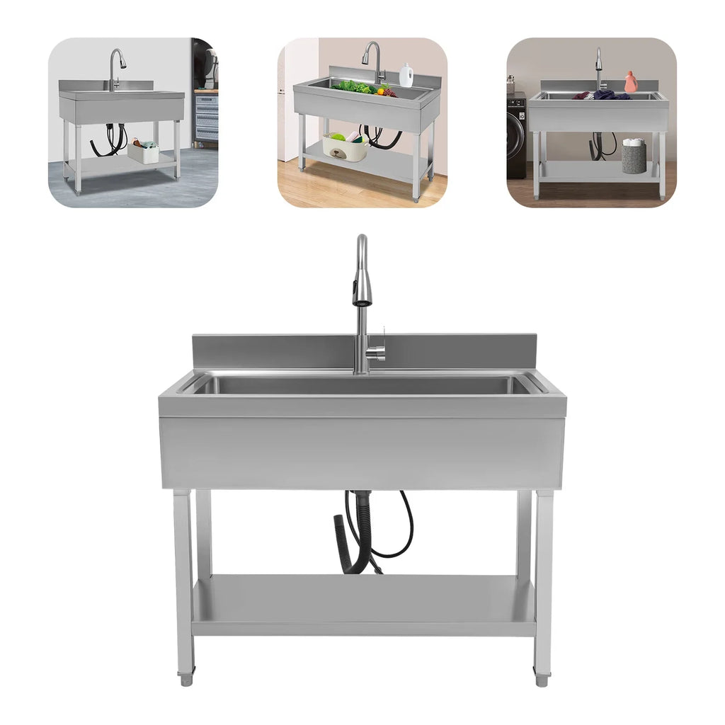 Loyalheartdy Stainless Steel Commercial Sink Freestanding Single High Capacity Utility Sinks with Pull-Out Faucet & Storage Shelf for Kitchen Laundry Room Garage Outdoor Garden 36 x 20 x 49