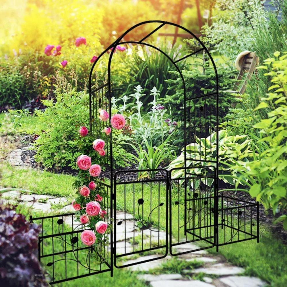 IVV 7.2ft Garden Arbor Arch with Gate and Side Planter Box, Wedding Arch Archway for Ceremony Party, Trellis for Plant Climbing, Christmas Decorations Pergola for Backyard, Lawn, Patio, Yard (Black)