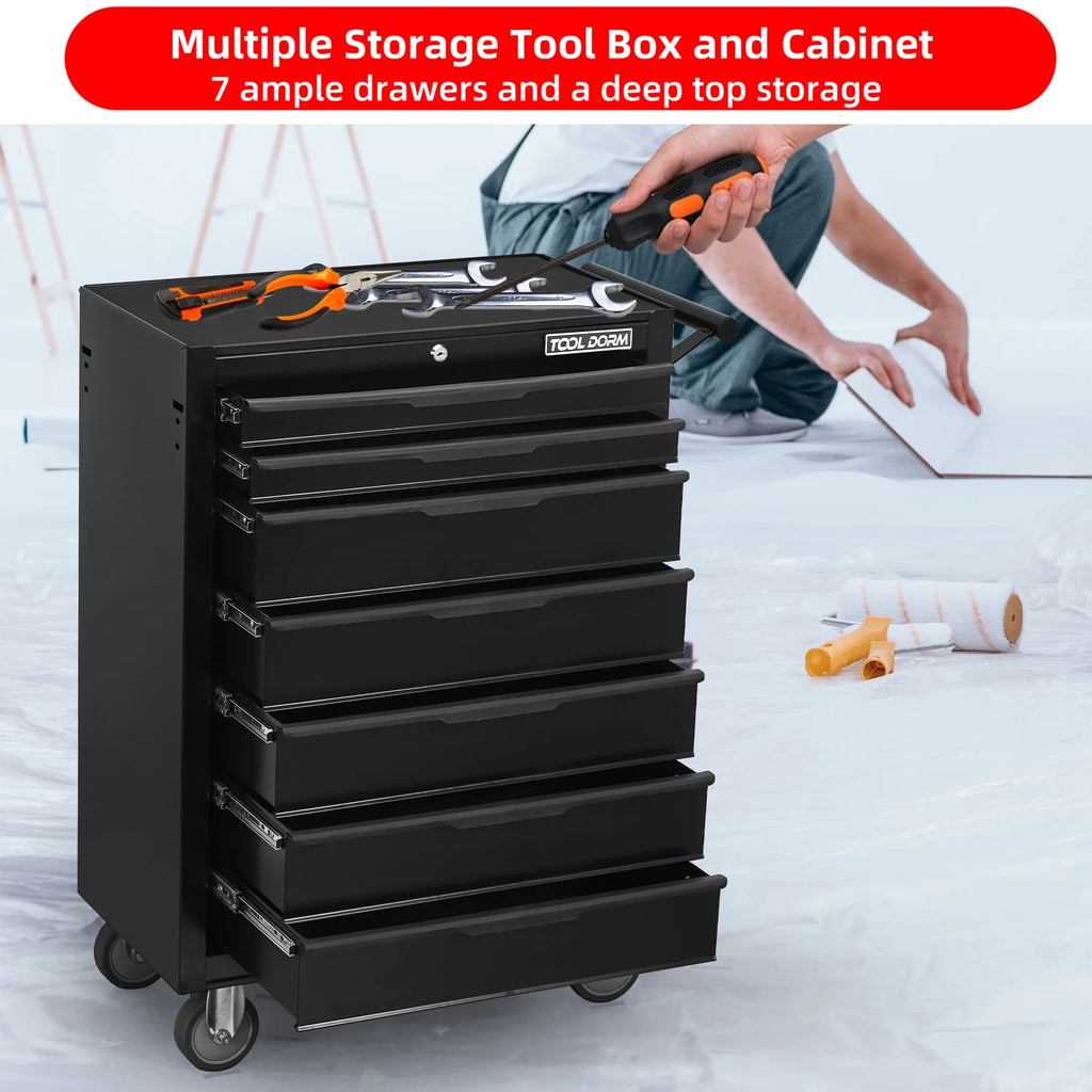 Tool Cabinet Tool Cart 24.2inch with 7 Drawers and Wheels, Metal Rolling Tool Box Locked Drawers Storage Organizer Cabinet for Garage, Warehouse, Repair Shop, Workshop, Brand