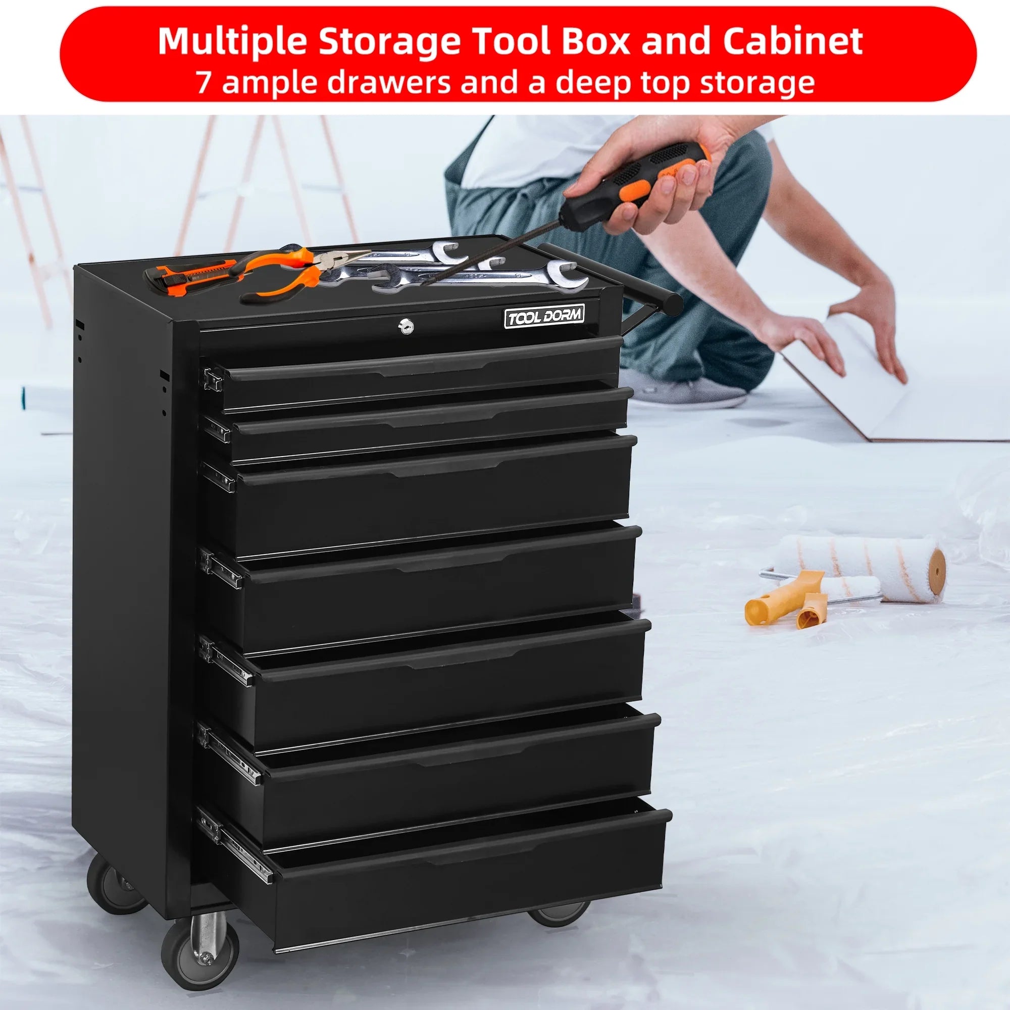 Tool Cabinet Tool Cart 24.2inch with 7 Drawers and Wheels, Metal Rolling Tool Box Locked Drawers Storage Organizer Cabinet for Garage, Warehouse, Repair Shop, Workshop, Brand