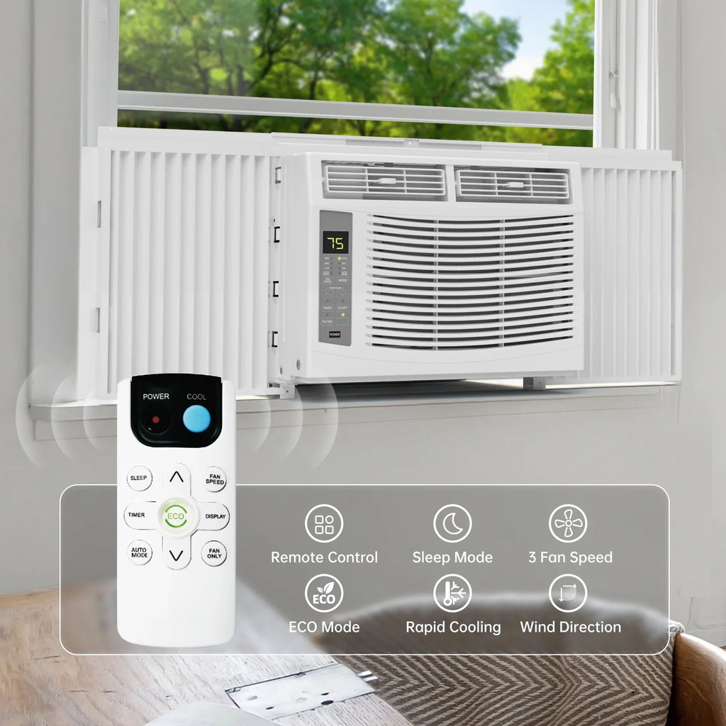 Window Air Conditioner 6000 BTU  Cool to 250 sq ft Intelligent, LED,Remote Control, Easy to Clean Filter Screen, Can Be Used as a Dehumidifier/Fan, Operates Quietly, and is Energy-Saving