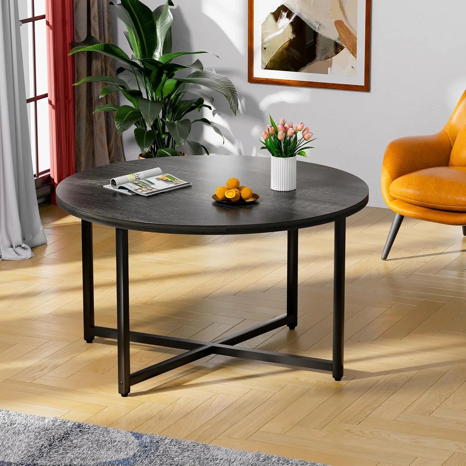 Round Coffee Table, 31.5 Circle Coffee Table��Roma Round Coffee Tables Living Room, Large Coffee Table Round for Indoor & Outdoor Use, Office, Patio or Garden, Large Gray(31.5 D x 17.7 H)