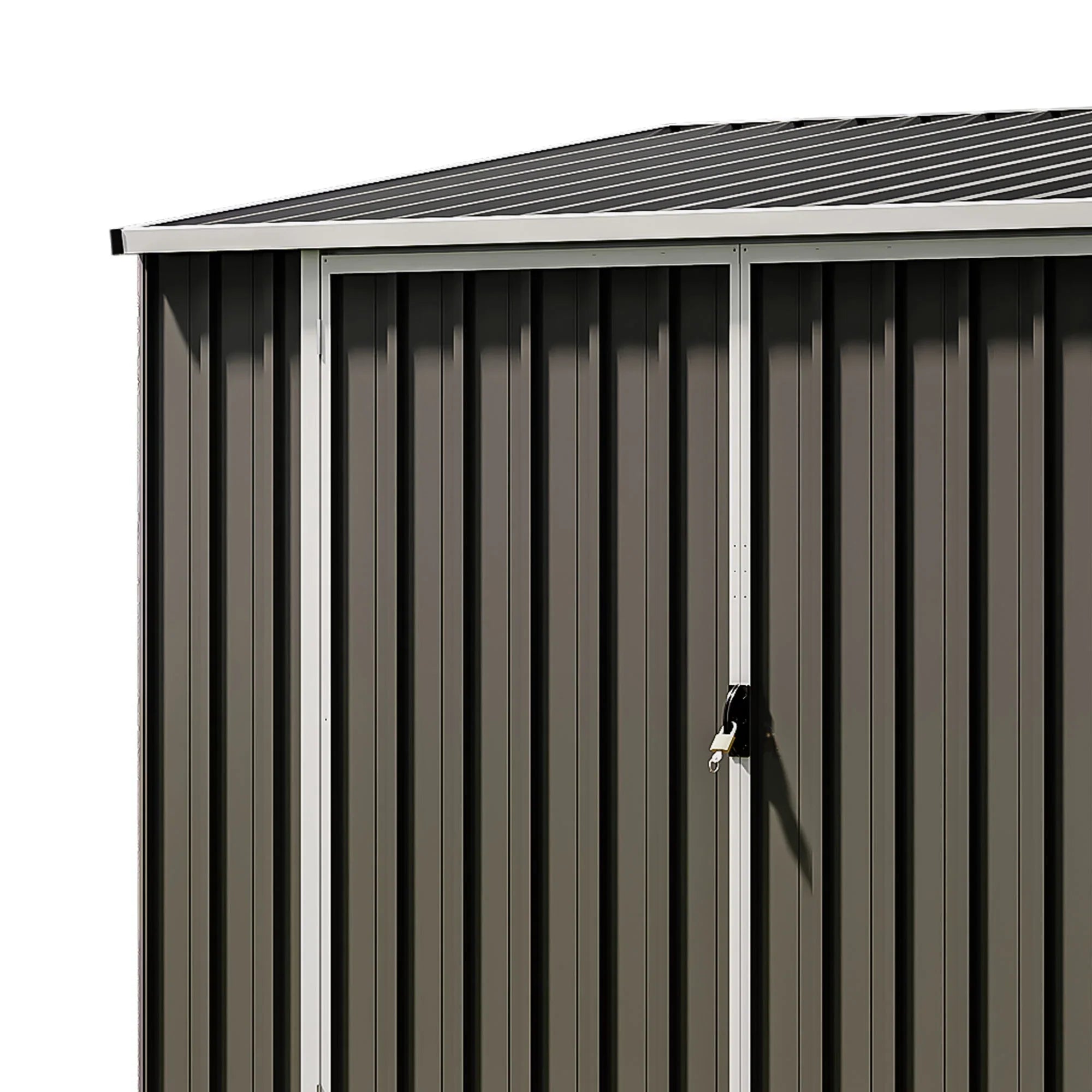 ModFusion 9x4 ft Outdoor Metal Storage Shed with Lockable Double Doors, Acrylic Glass Windows, Steel Roof, Garden Patio Bikes, Skylight, Dark Gray