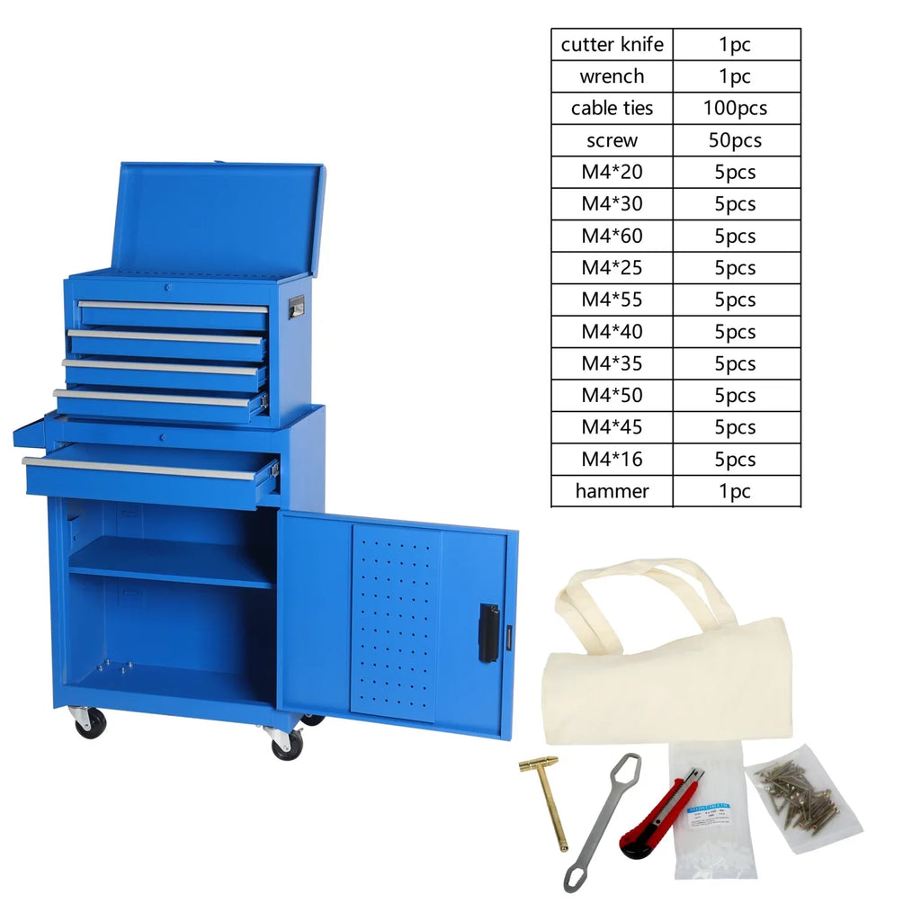 Heavy-Duty Metal Tool Storage Cabinet 5-Drawer Rolling with Detachable Top Box, Lockable Wheels & Adjustable Shelves, Secure Locking Mechanism, Space-Saving Design for Garage Workshop & Home Use